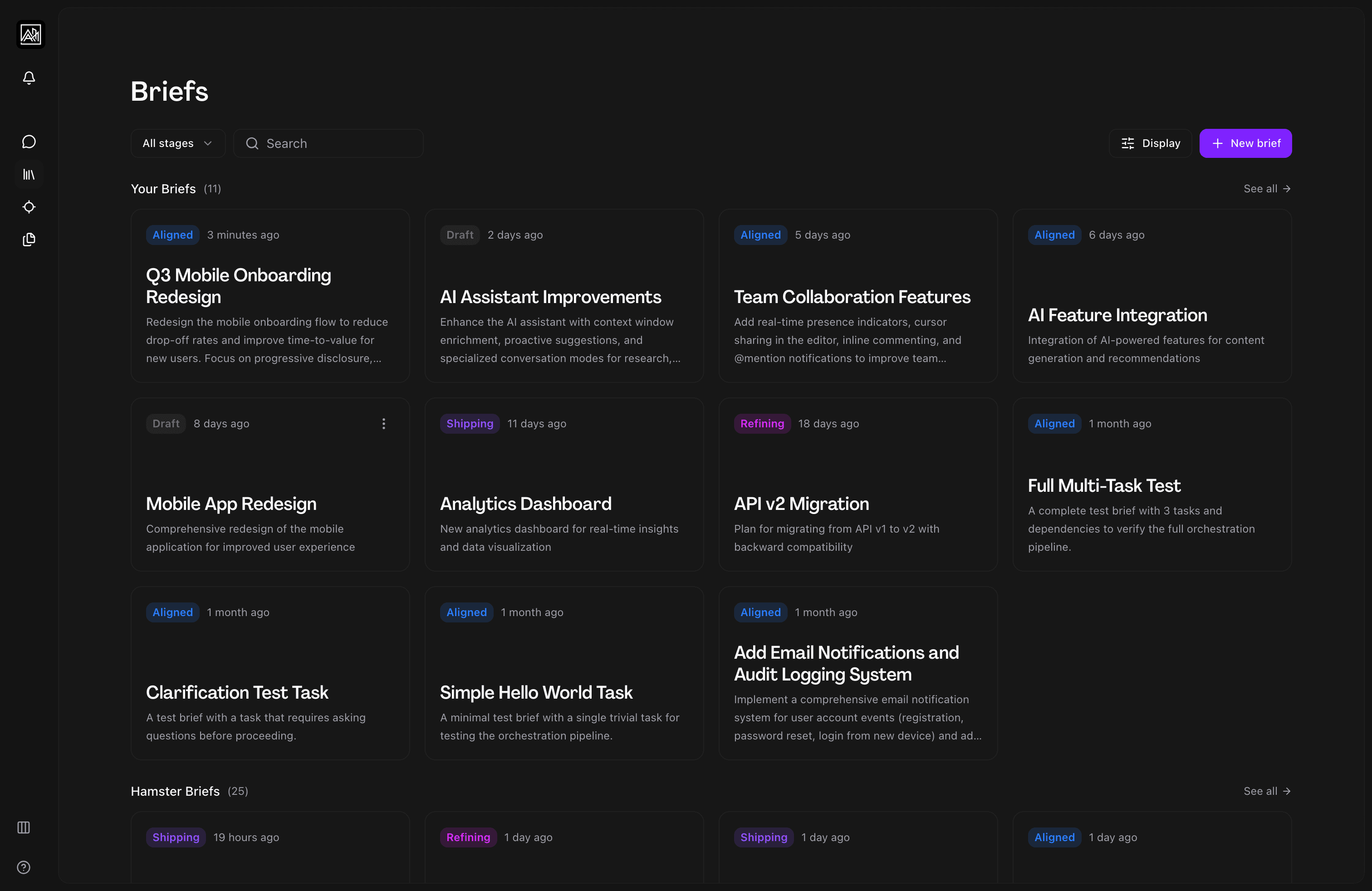 Hamster workspace with briefs dashboard
