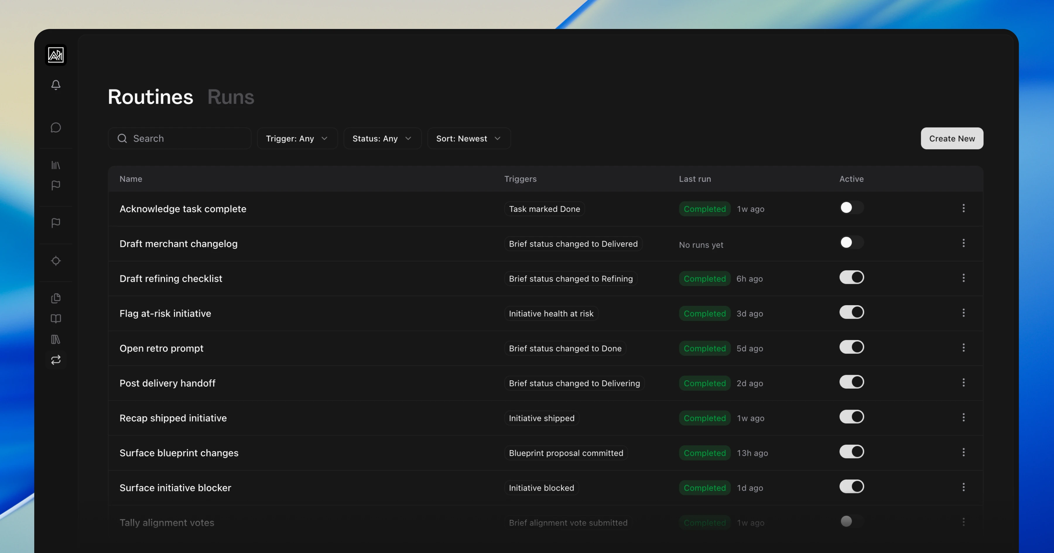 The Routines list page showing ten routines paired with their workspace event triggers and last run status