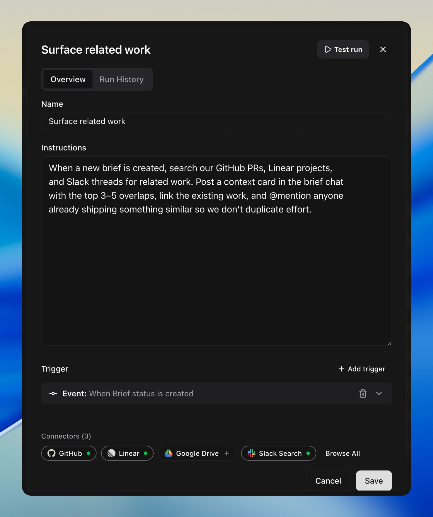 The 'Surface related work' routine detail view with name, instructions, a When Brief status is created trigger, and connector pills for GitHub, Linear, Google Drive, and Slack Search