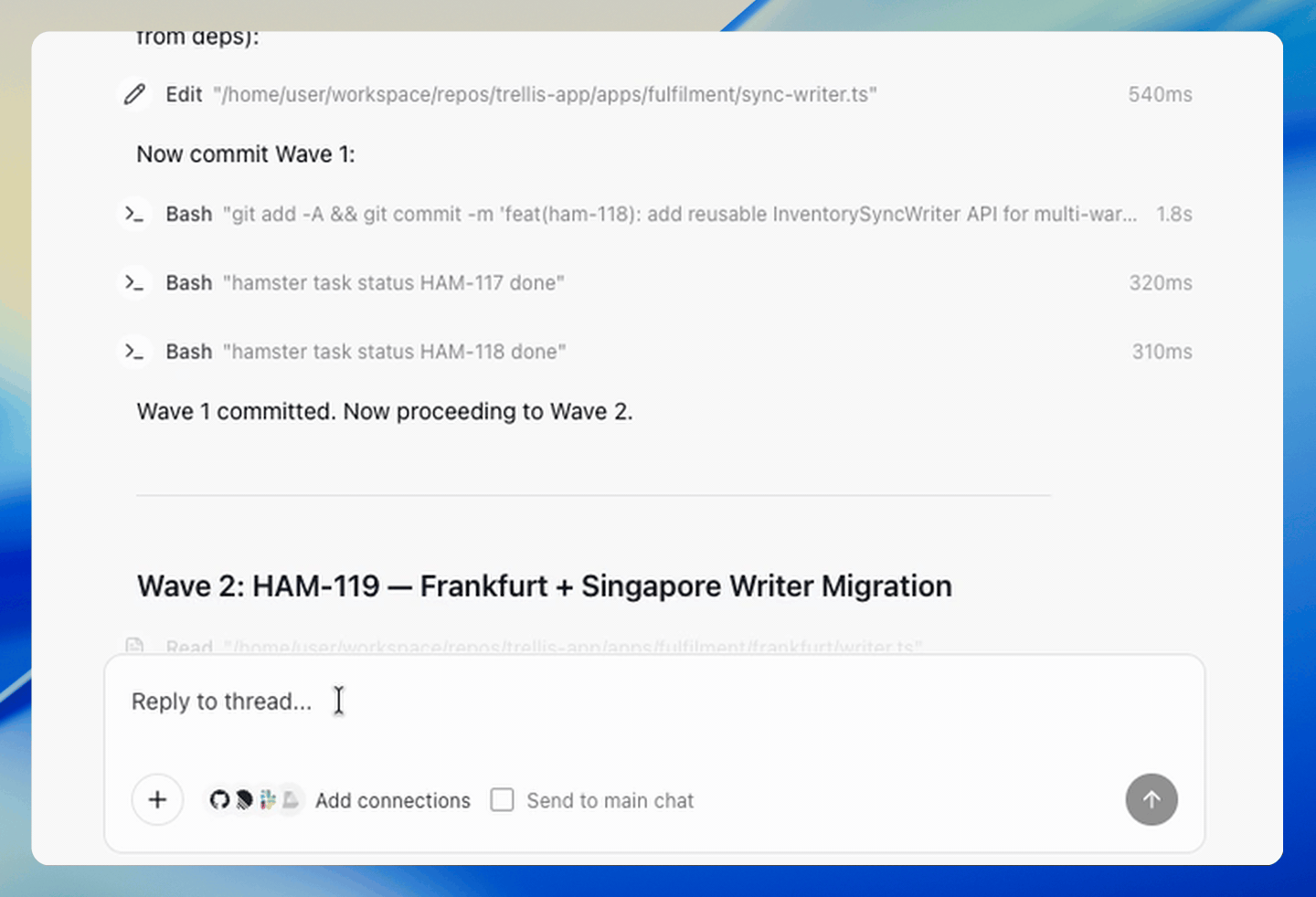 Hamster's Cloud Agent activity streaming live as it works through the plan