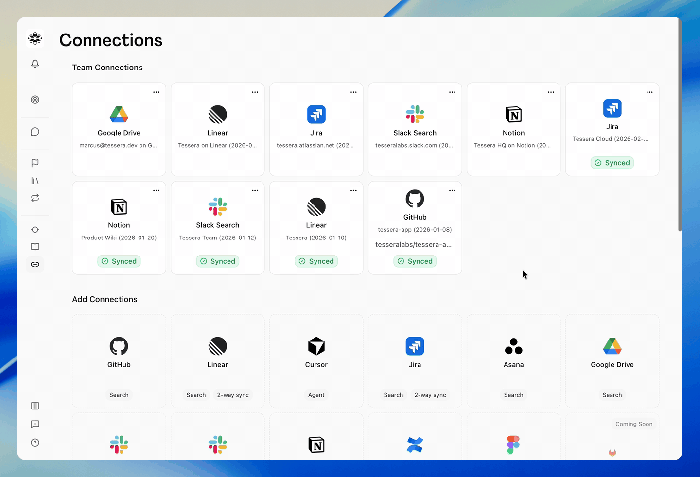 The Connections settings page with the Asana card under Add Connections selected and a Connect Asana button being clicked