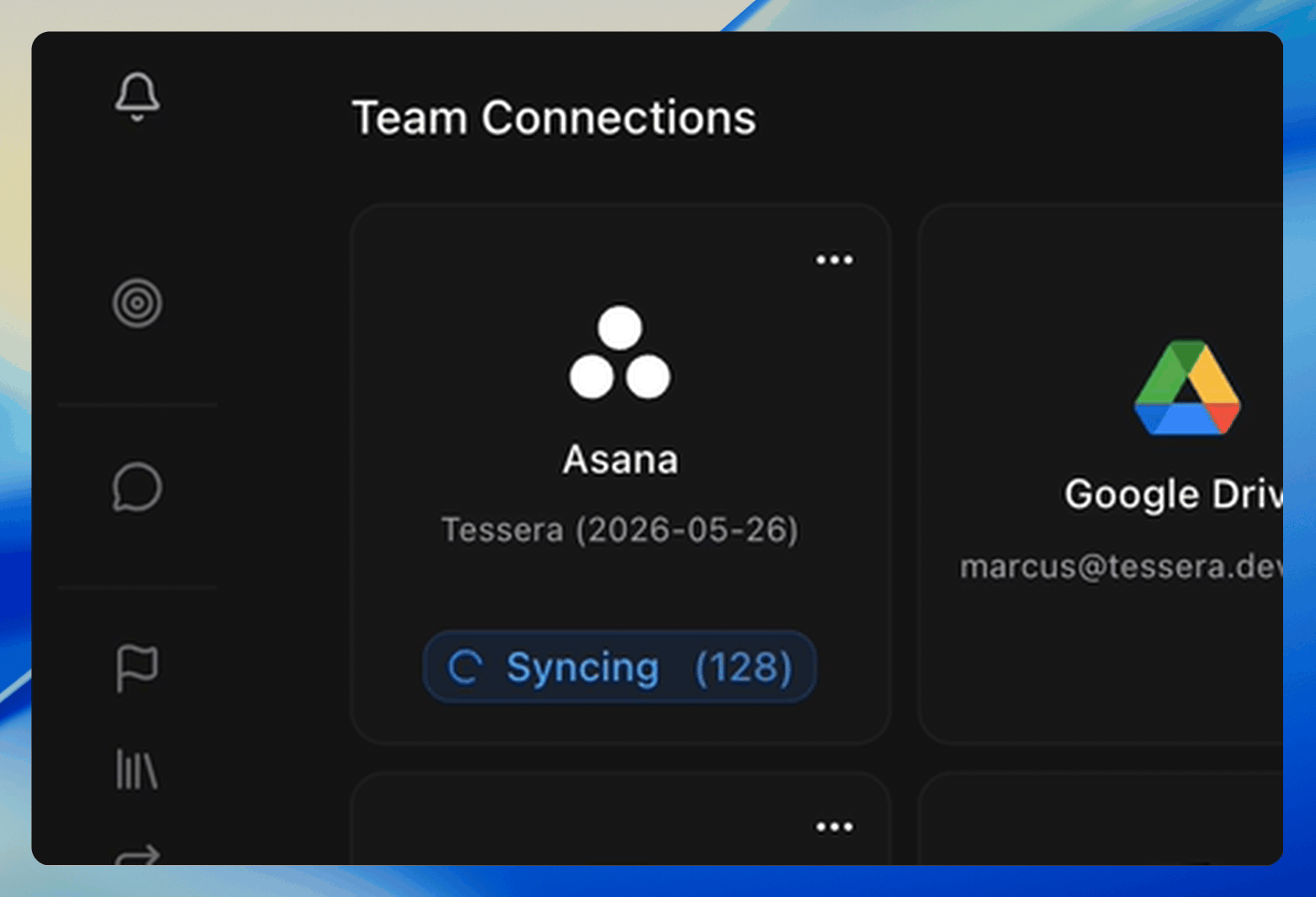 The Asana team connection card showing a Syncing (128) badge counting up as Hamster ingests projects and tasks
