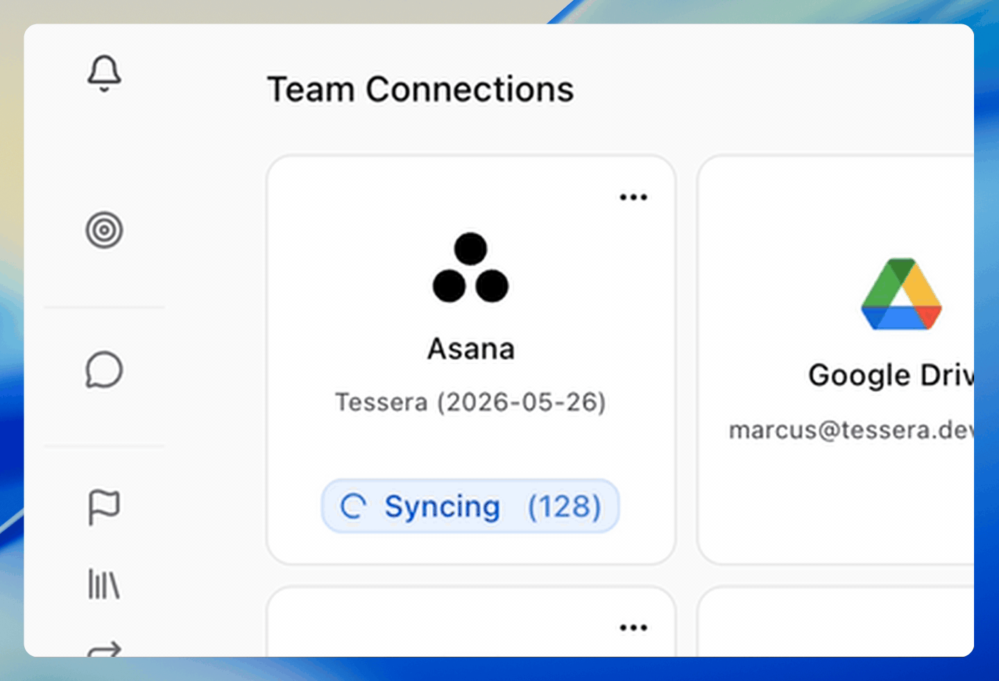 The Asana team connection card showing a Syncing (128) badge counting up as Hamster ingests projects and tasks