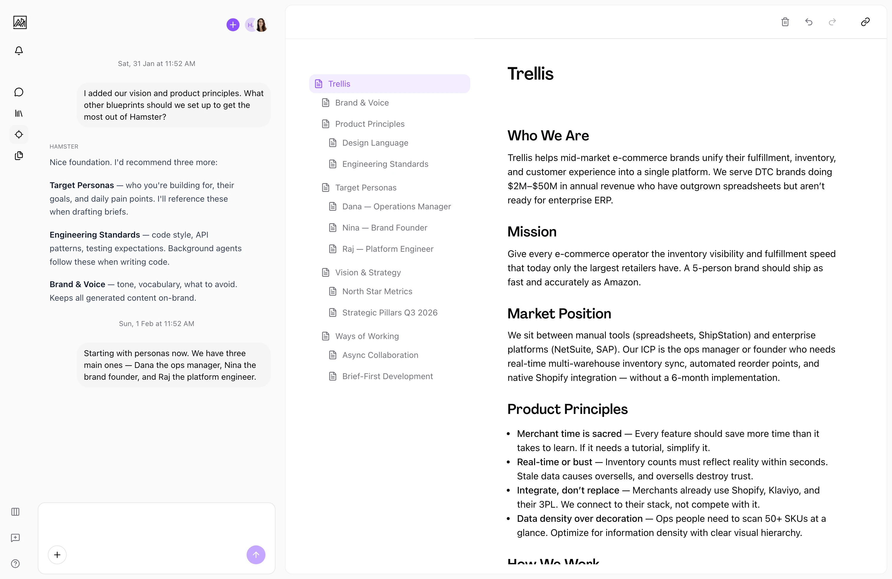 Blueprint editor showing three-column layout with AI chat, document tree, and document content