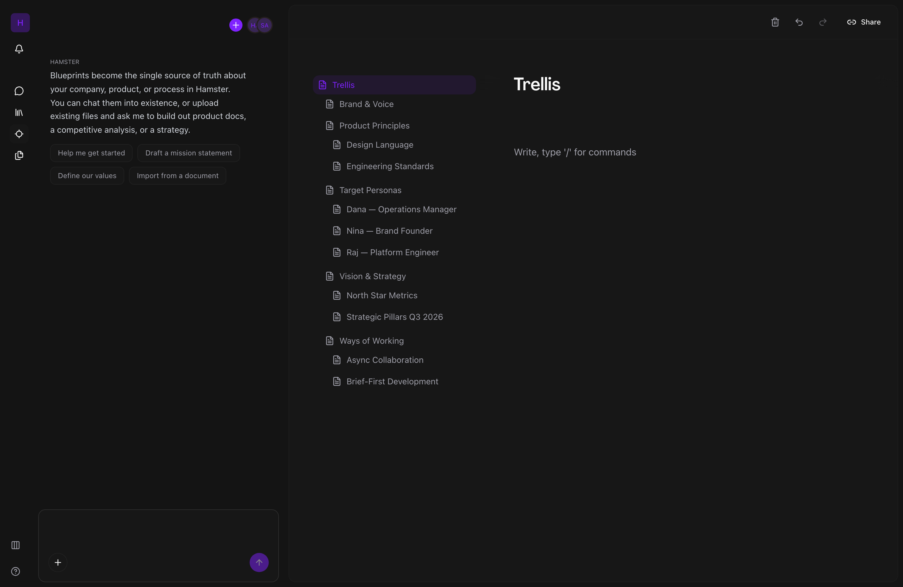 Blueprints list view showing organizational knowledge documents