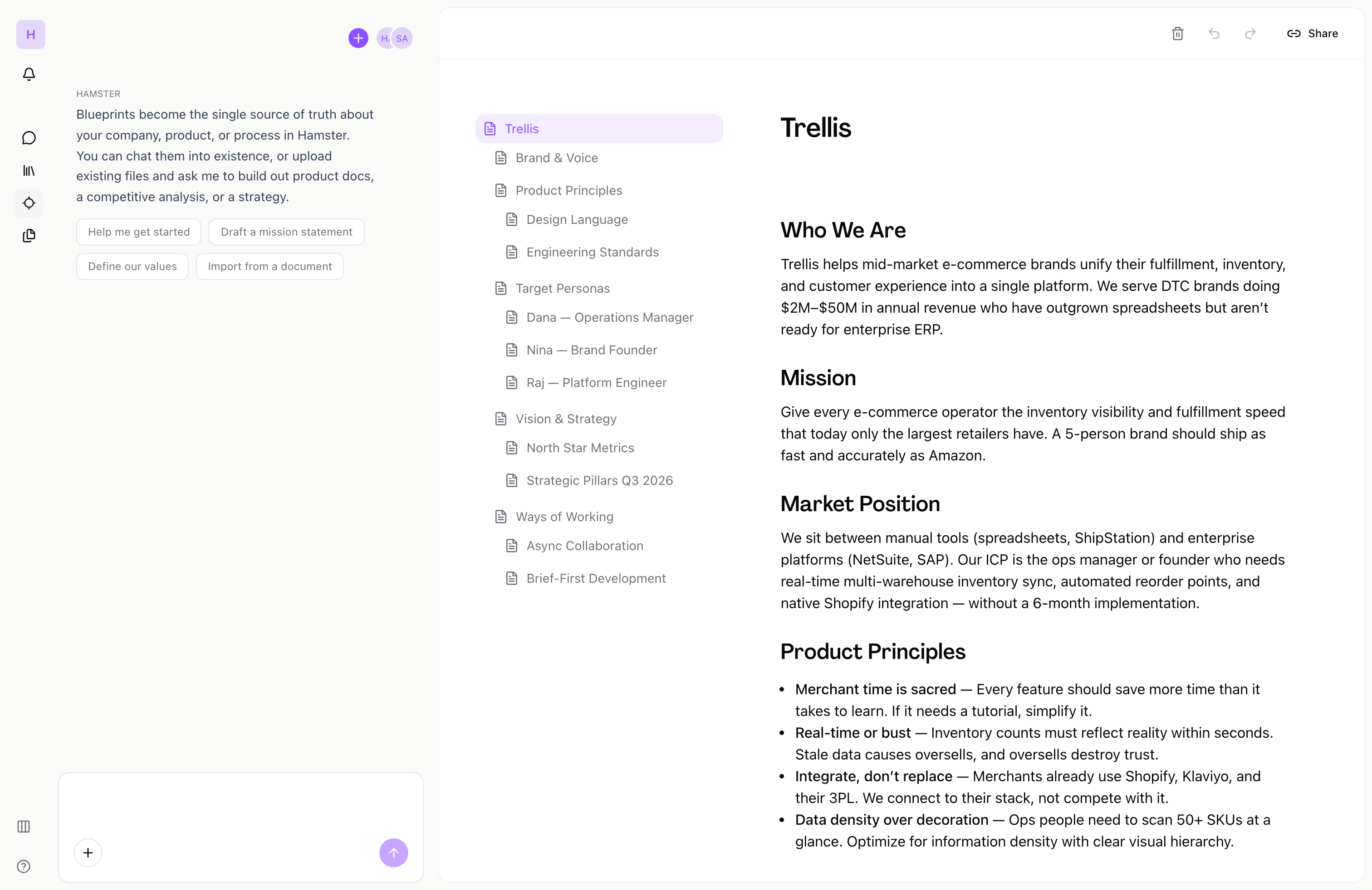 Blueprints list view showing organizational knowledge documents