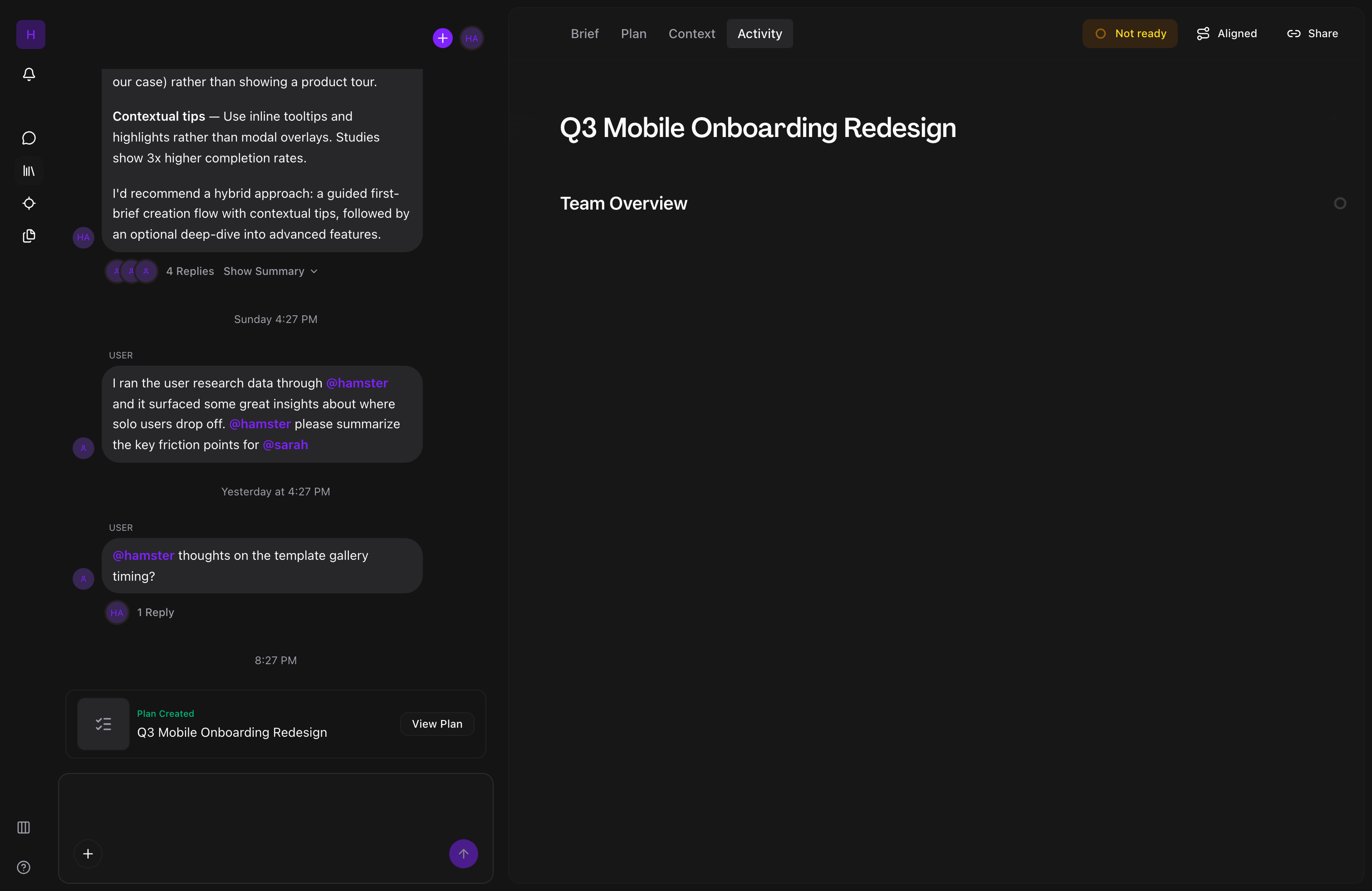 Activity timeline showing team alignment status
