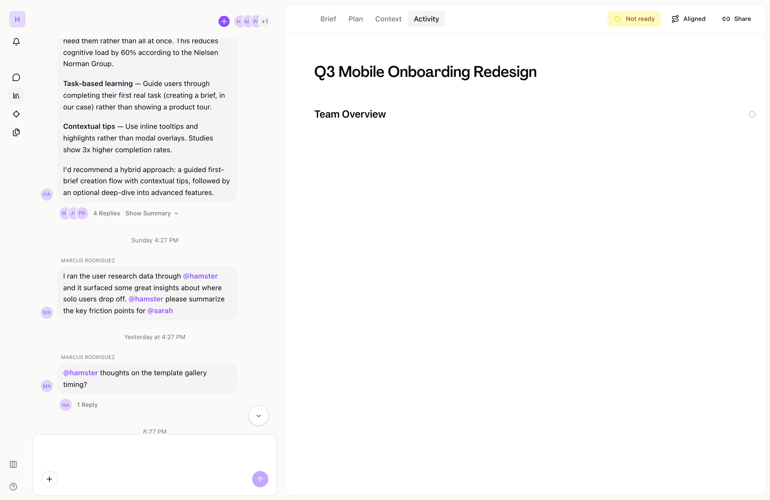 Activity timeline showing team alignment status