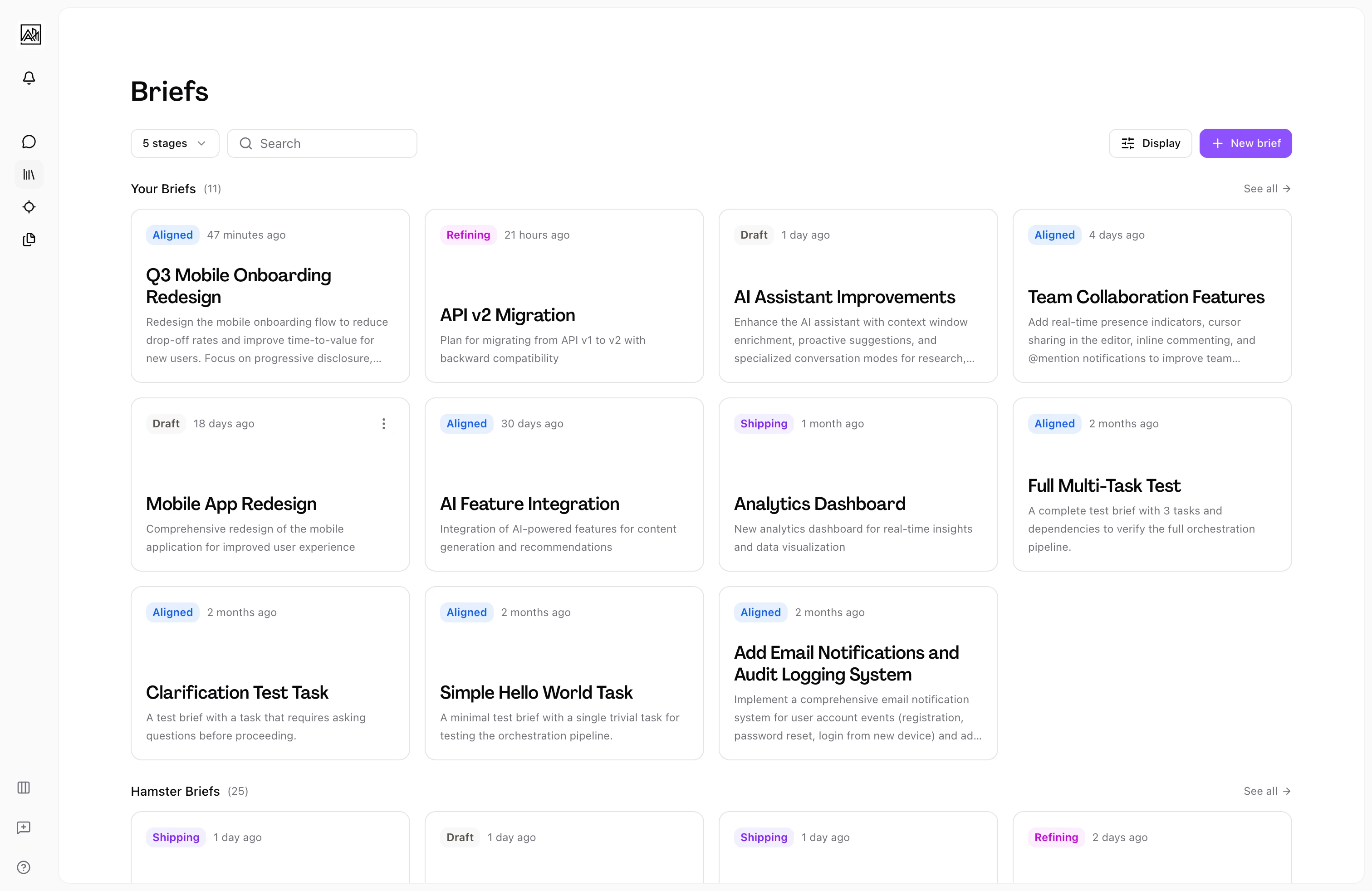 Briefs list in Hamster Studio