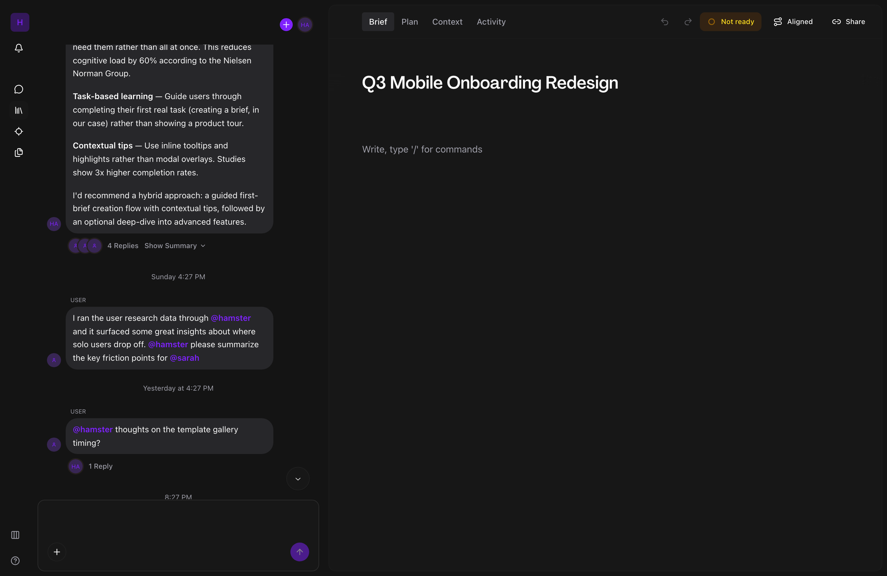 Brief editor showing AI-populated document alongside conversation thread