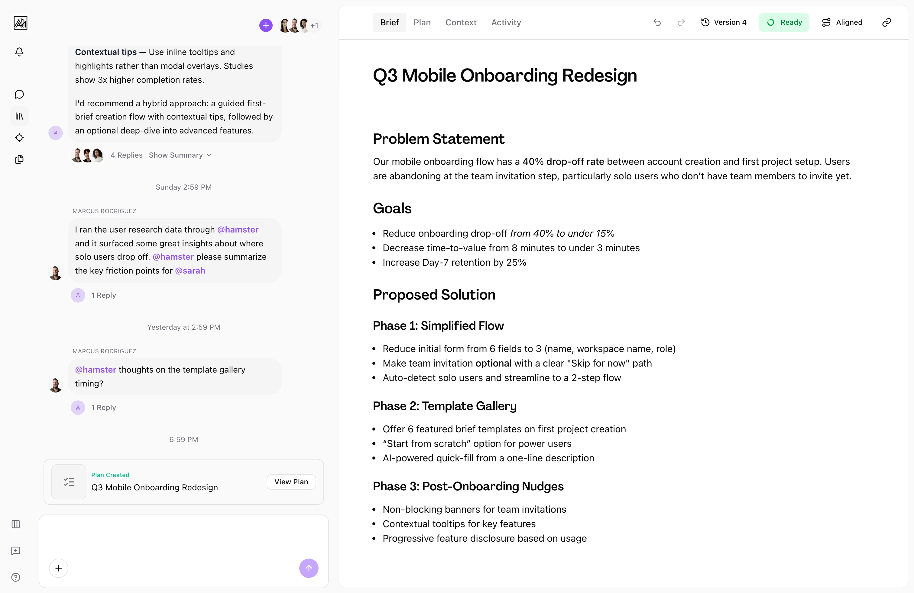 Brief header showing participant avatars and the invite dropdown for adding teammates