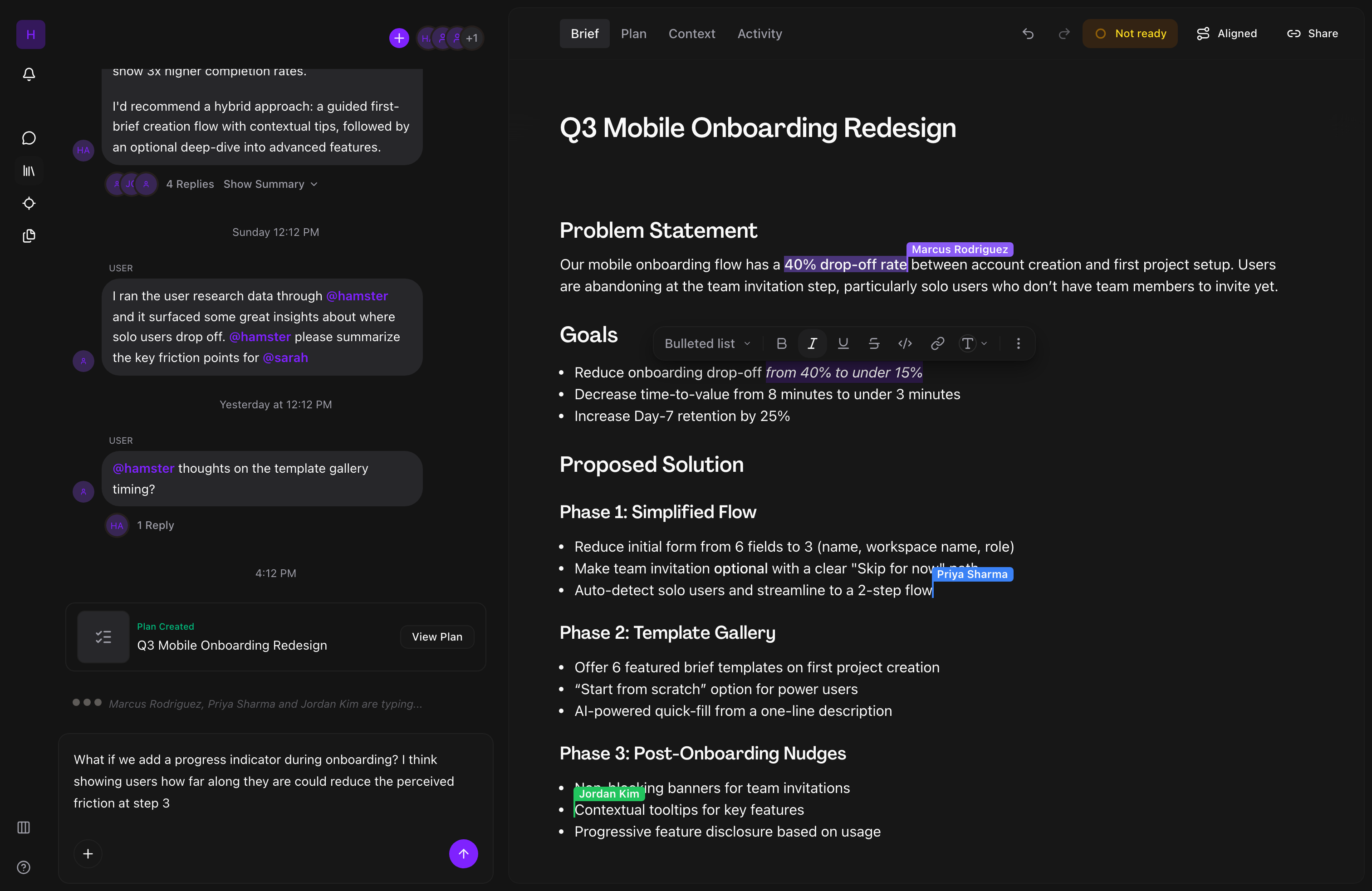 Multiple collaborators editing a brief simultaneously with live cursors and typing indicators