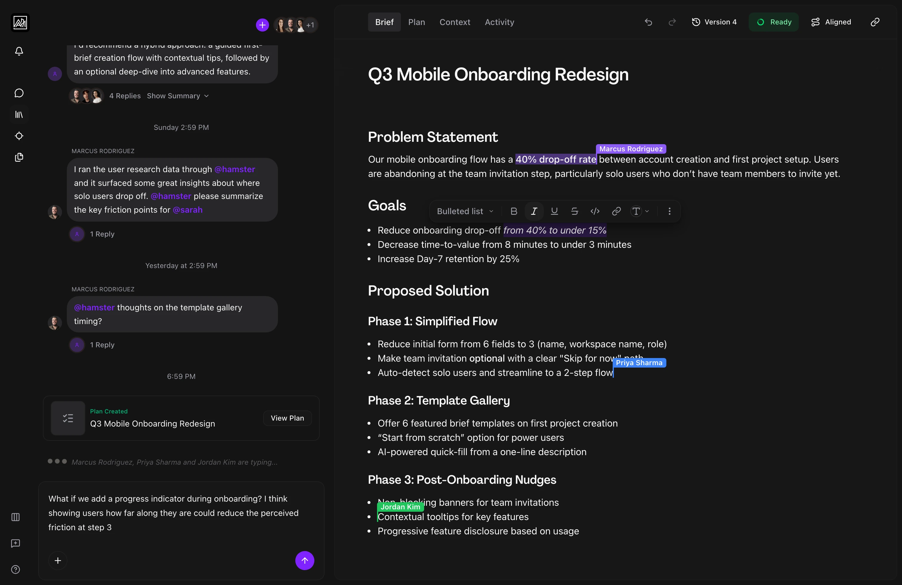 Multiple collaborators editing a brief simultaneously with live cursors and typing indicators
