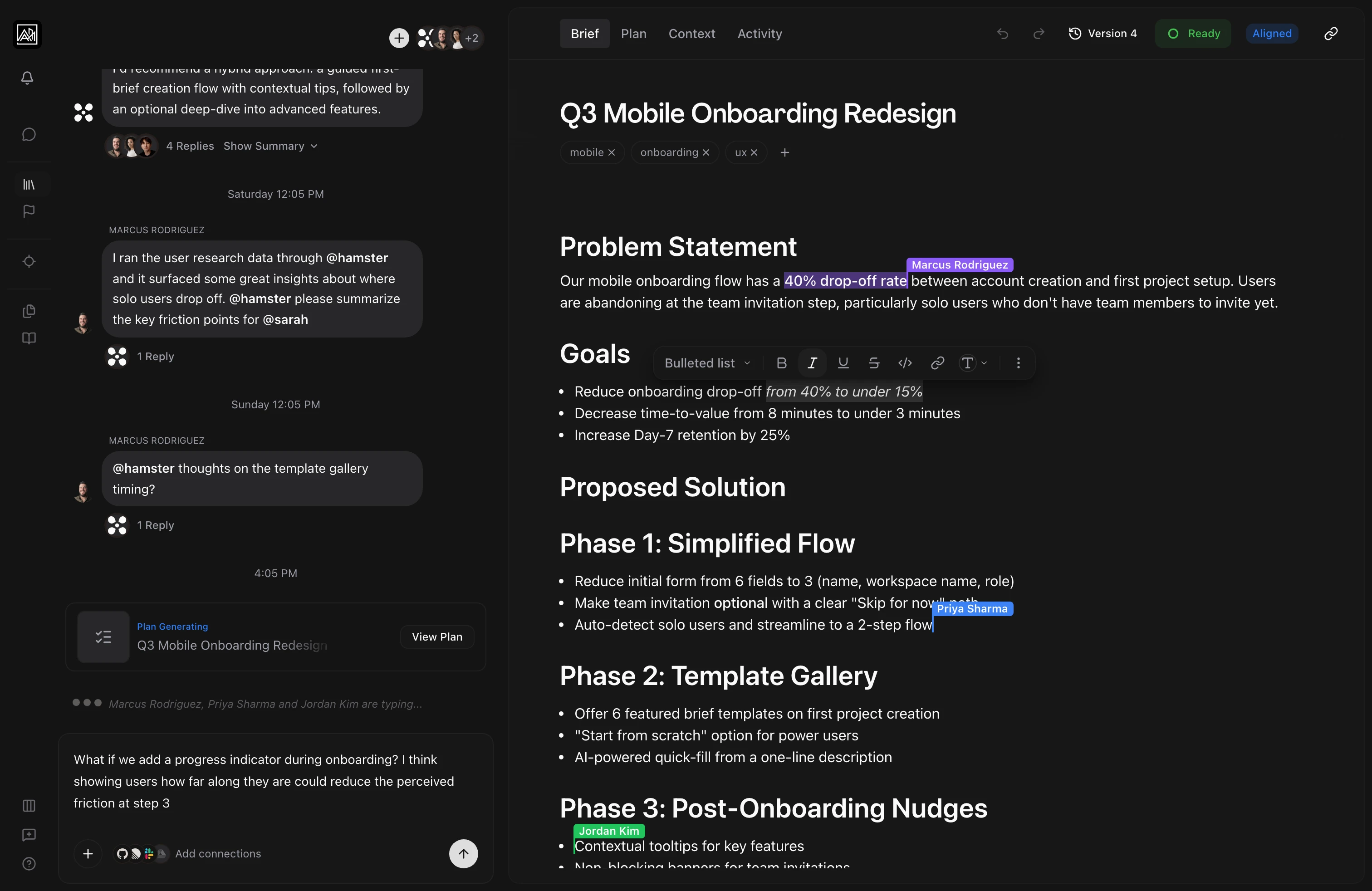 Multiple collaborators editing a brief simultaneously with live cursors and typing indicators