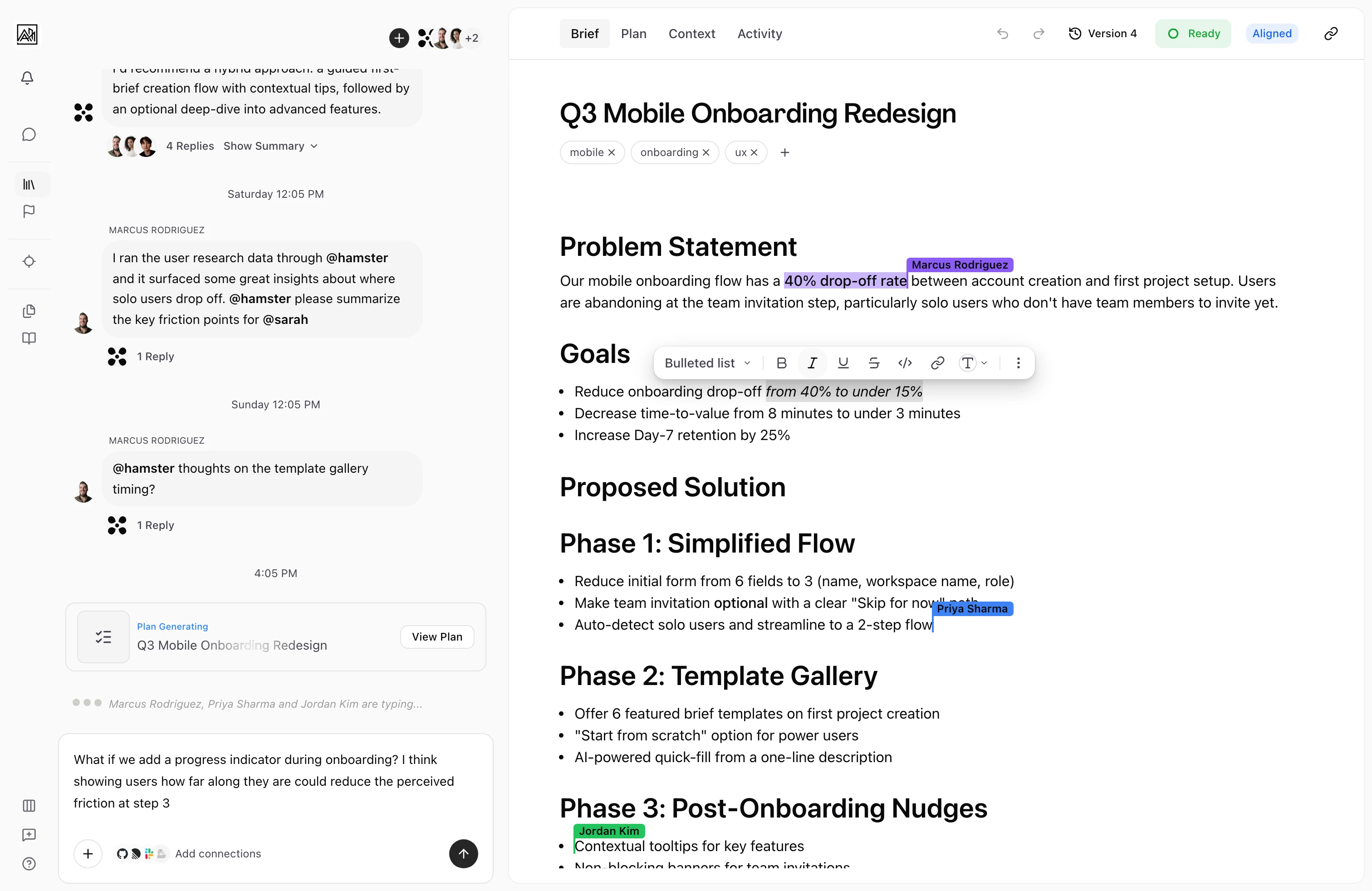 Multiple collaborators editing a brief simultaneously with live cursors and typing indicators