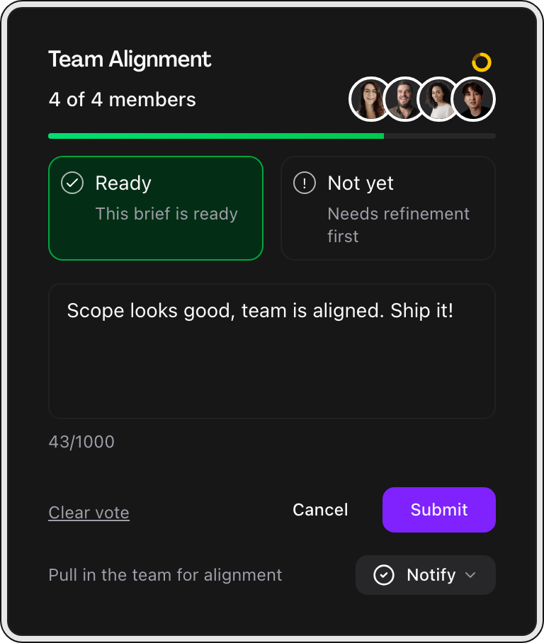 Team alignment popover showing vote status and team member responses