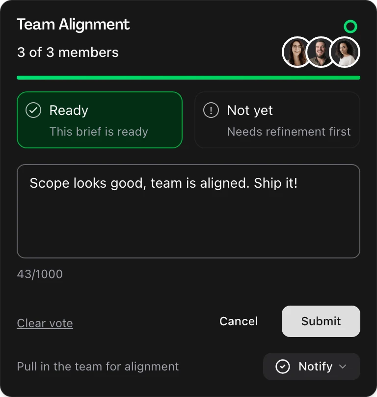 Team alignment popover showing vote status and team member responses