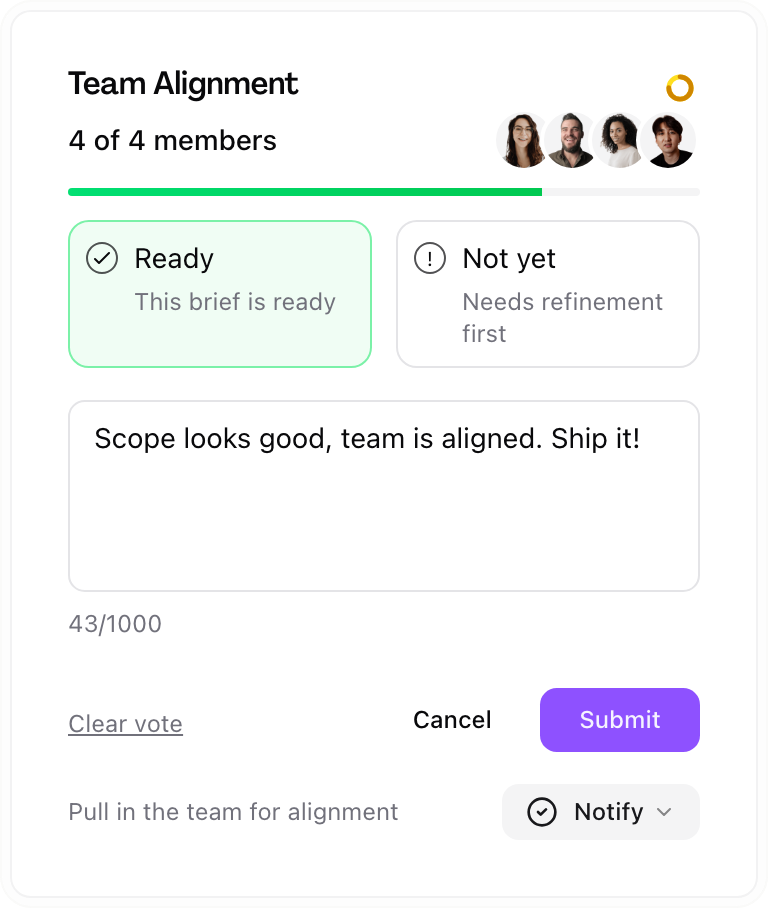 Team alignment popover showing vote status and team member responses