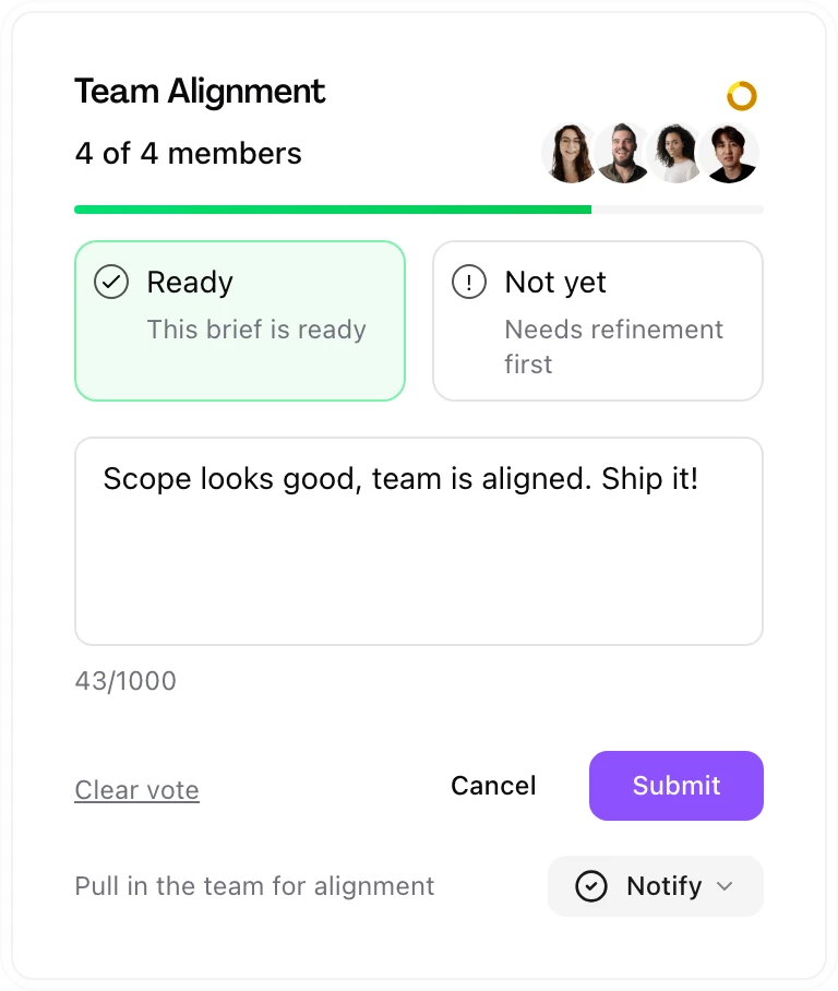 Team alignment popover showing vote status and team member responses