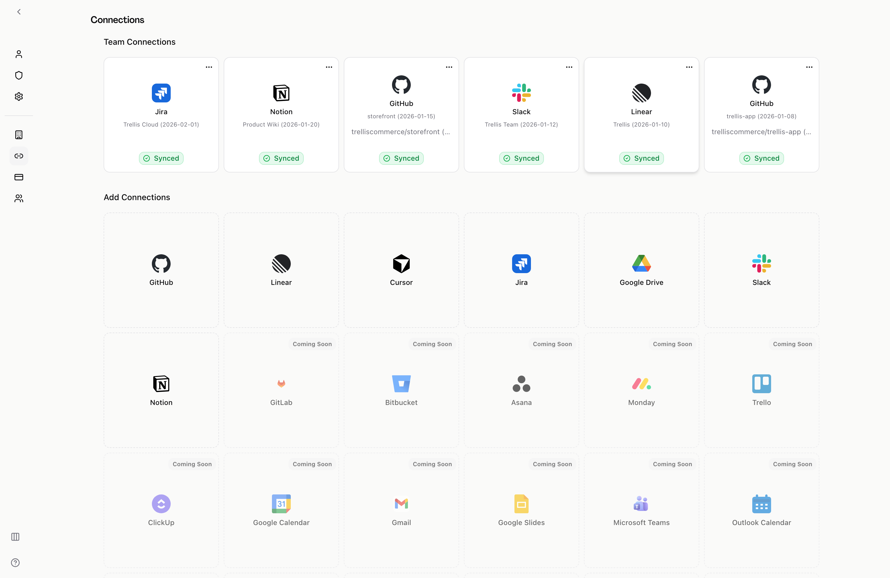 Connections page showing GitHub, Linear, Slack, Notion, and Jira integrations