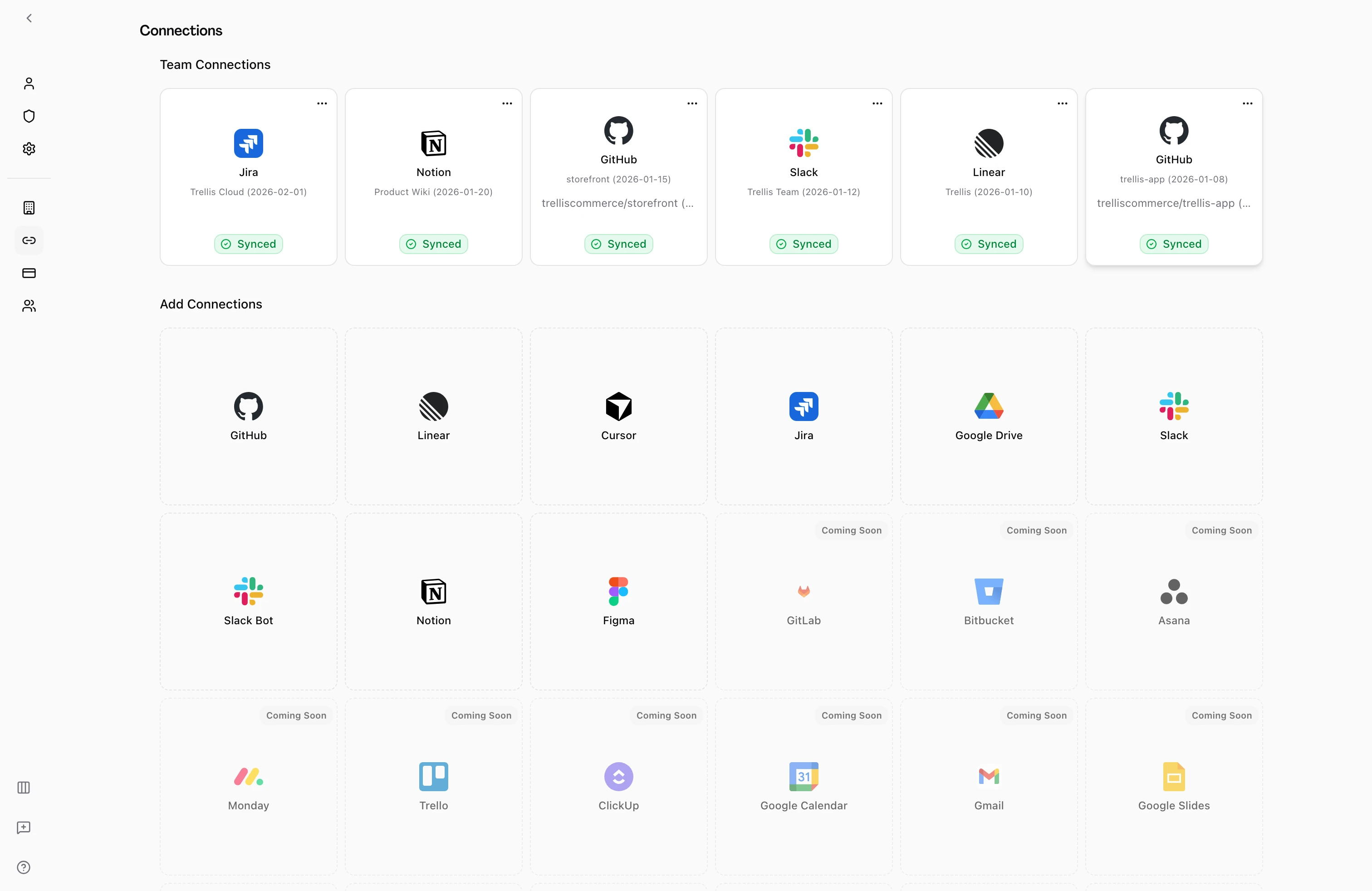 Connections page showing GitHub, Linear, Slack, Notion, and Jira integrations