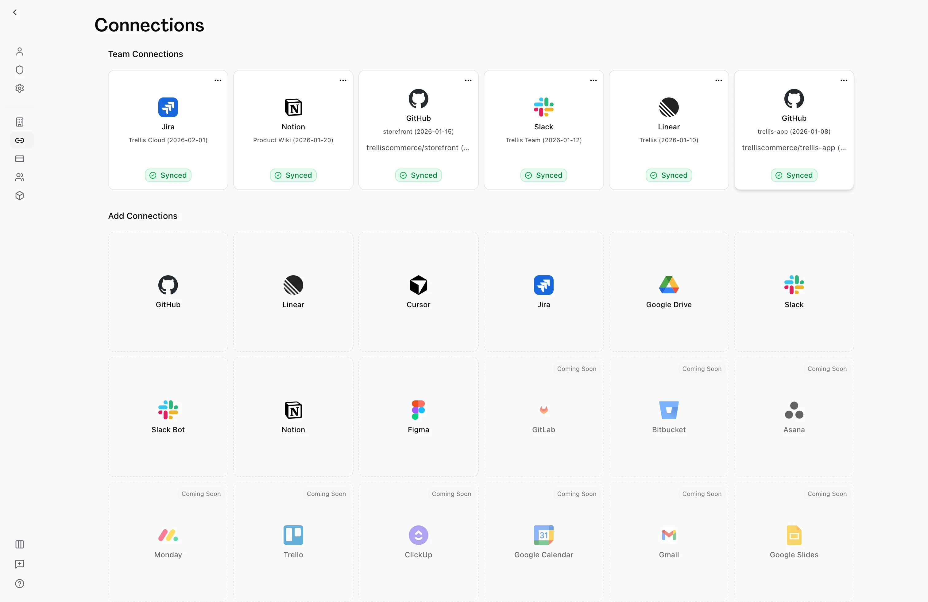 Connections settings page showing available integrations in a grid layout