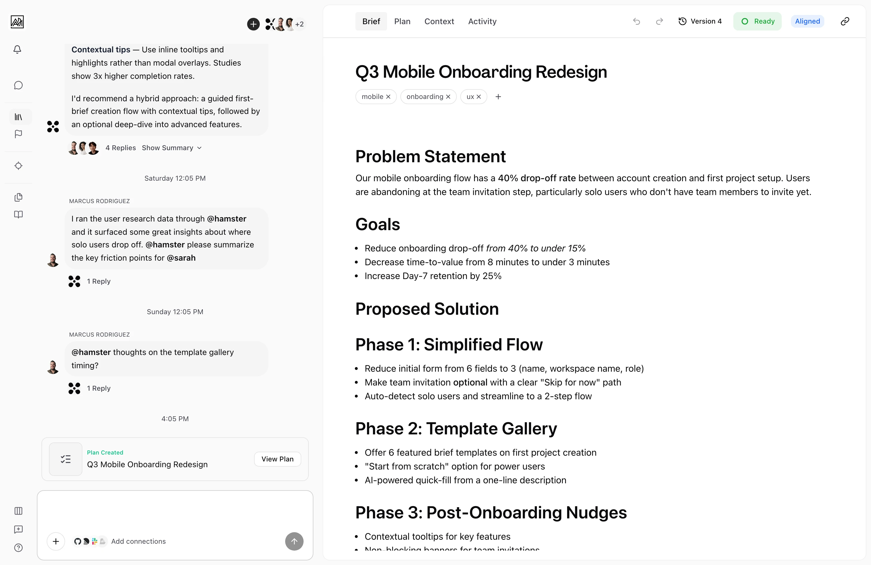 AI conversation view showing a streamed response with reasoning trace
