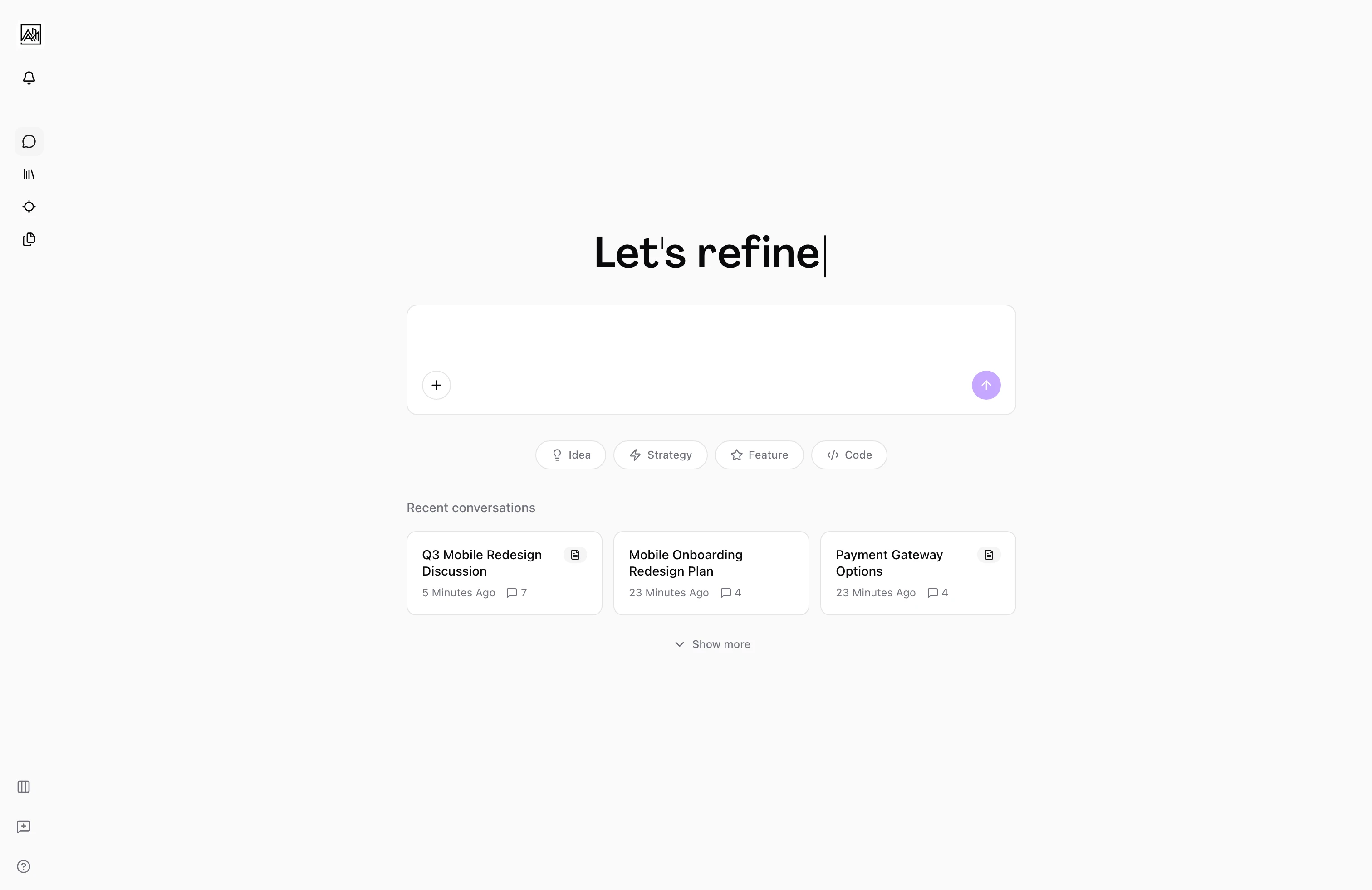 Conversation history grid on the workspace home page showing recent chat cards