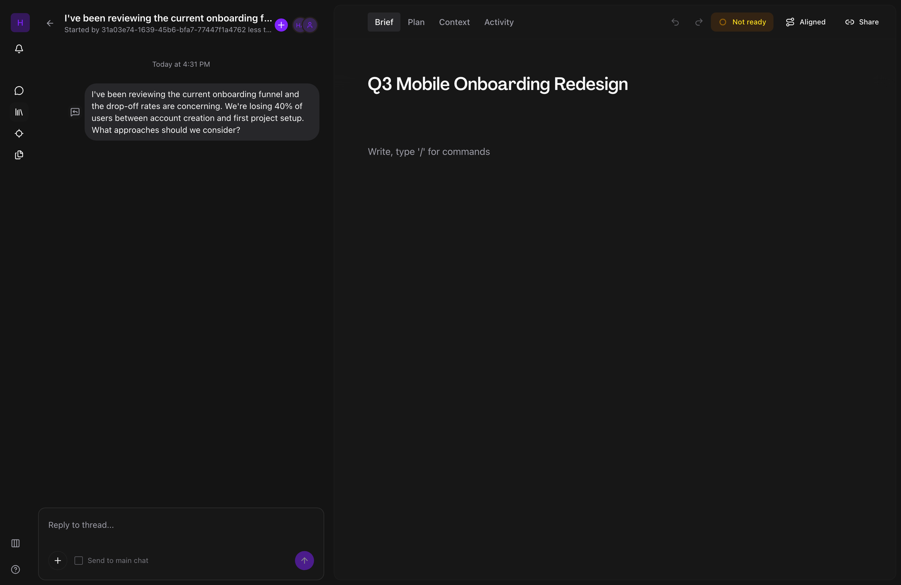 Sub-thread branched from a message showing focused discussion with AI summary
