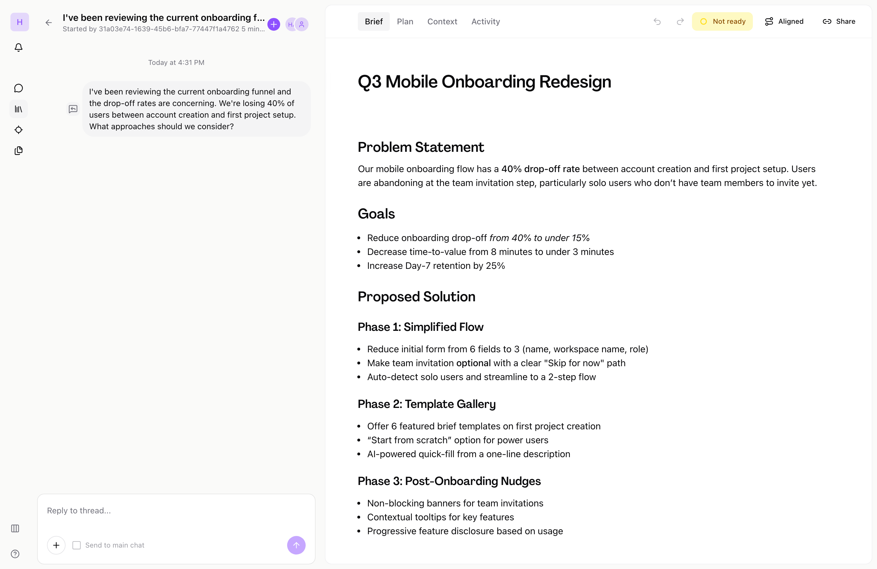 Sub-thread branched from a message showing focused discussion with AI summary