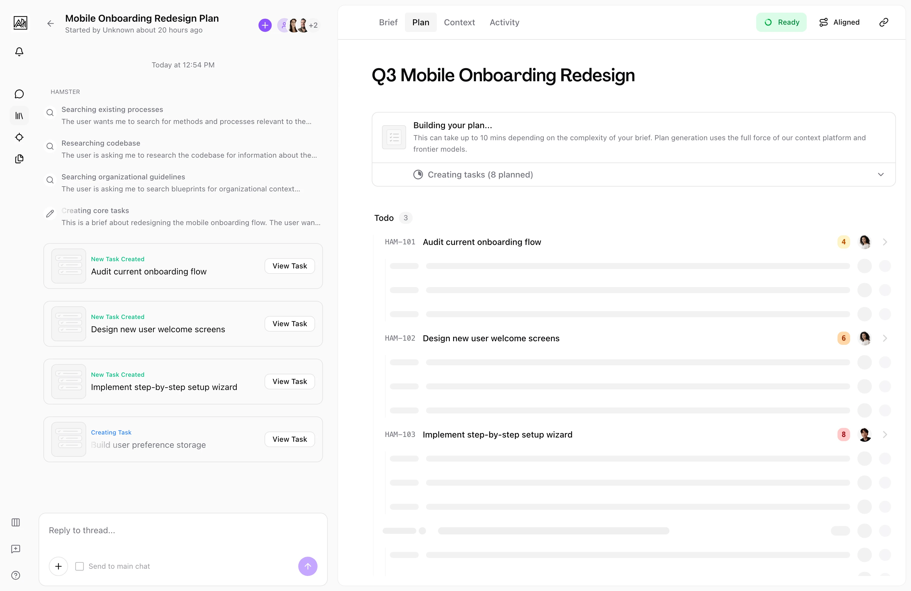 Plan tab showing flow steps and task cards appearing progressively during AI plan generation