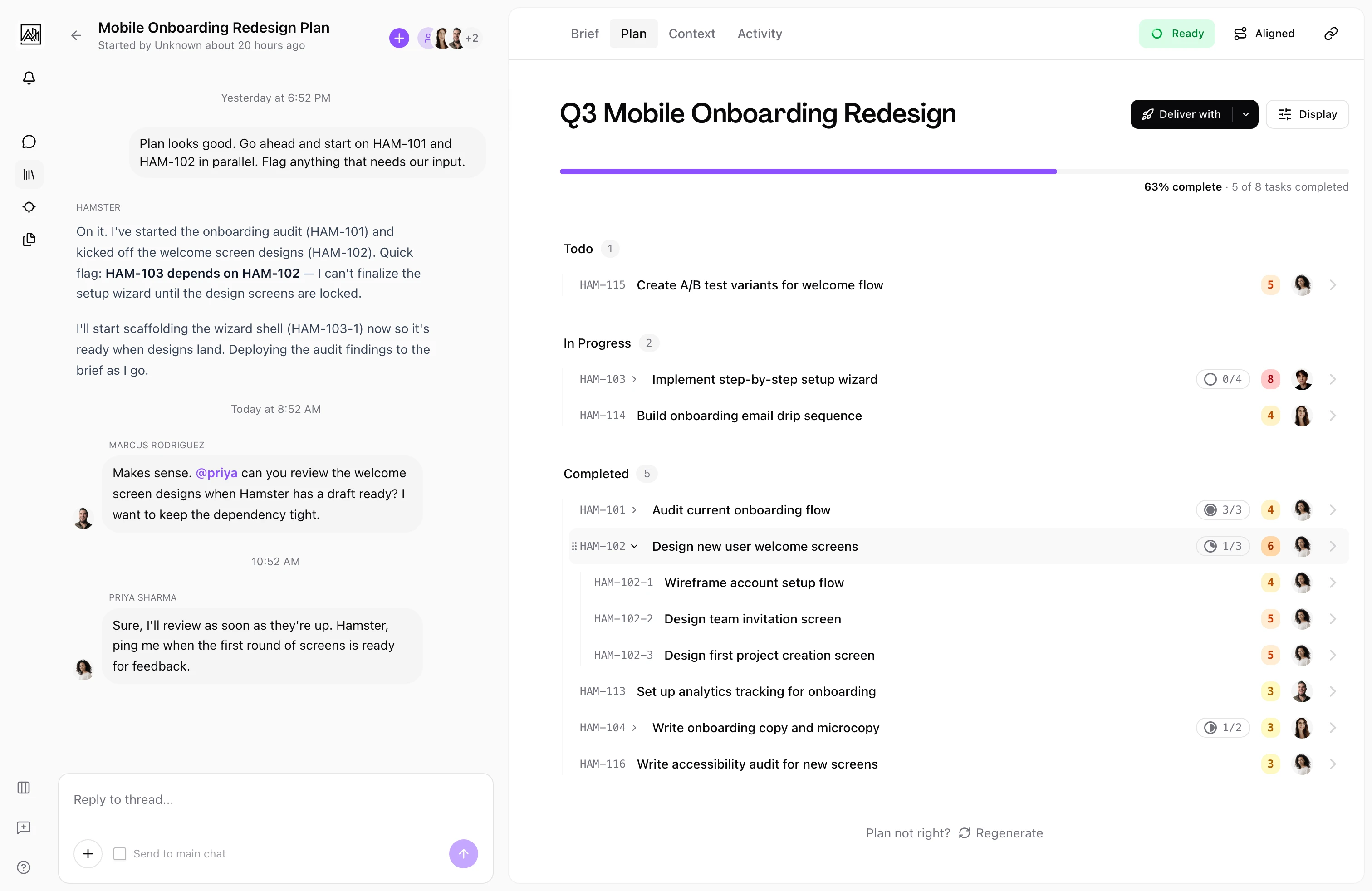 Plan view showing tasks generated from a brief