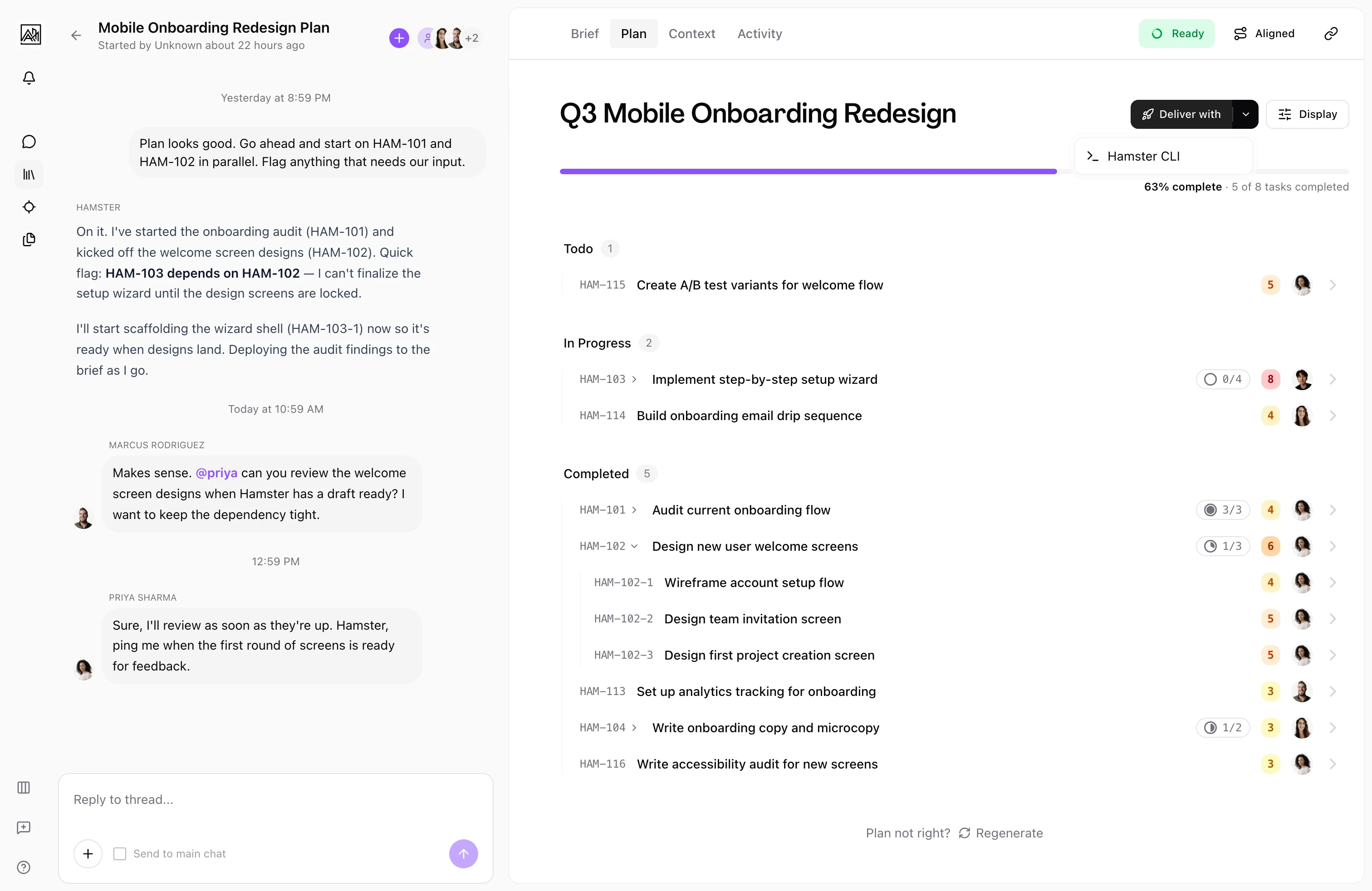 Hamster Studio plan view with CLI delivery popover