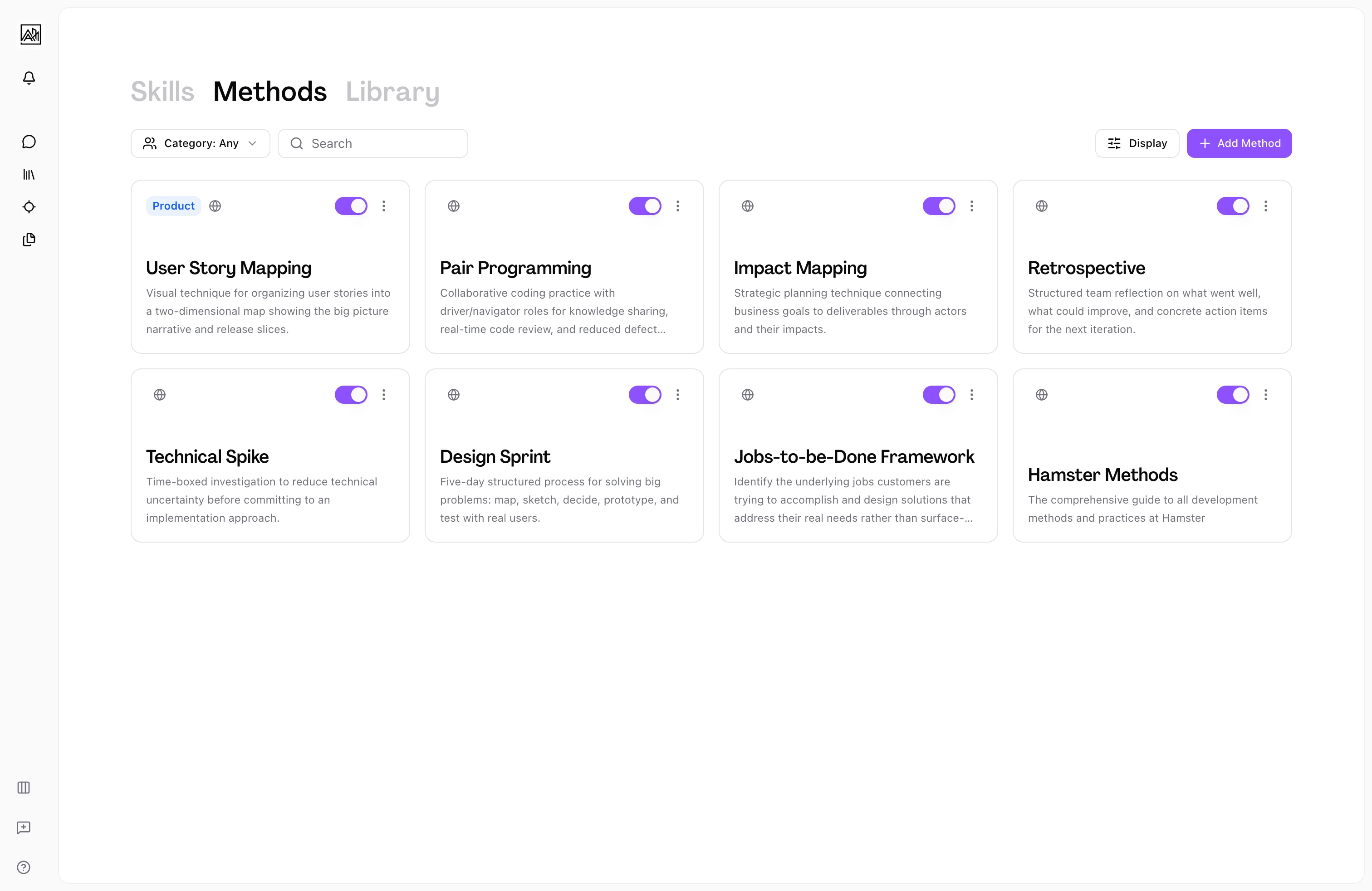 Methods list view showing method cards organized by category