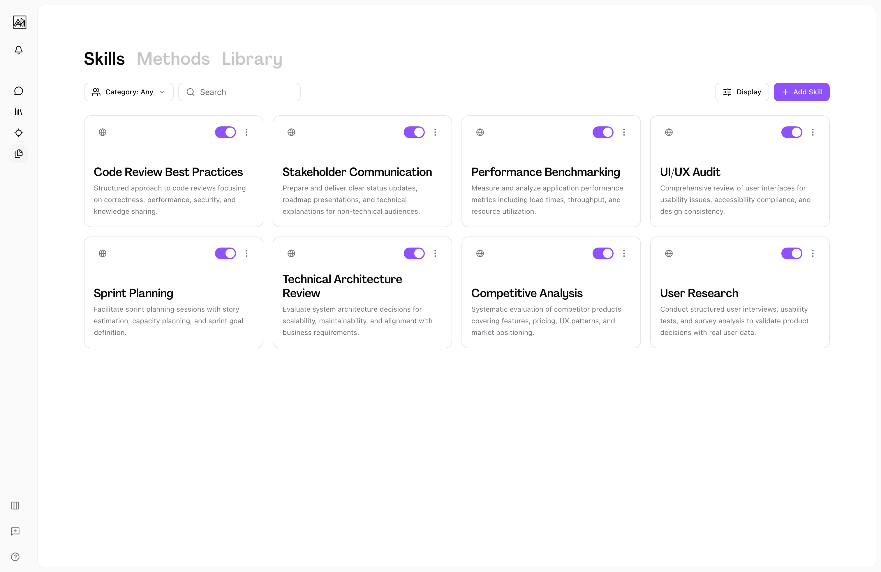 Skills list view showing skill cards organized by category