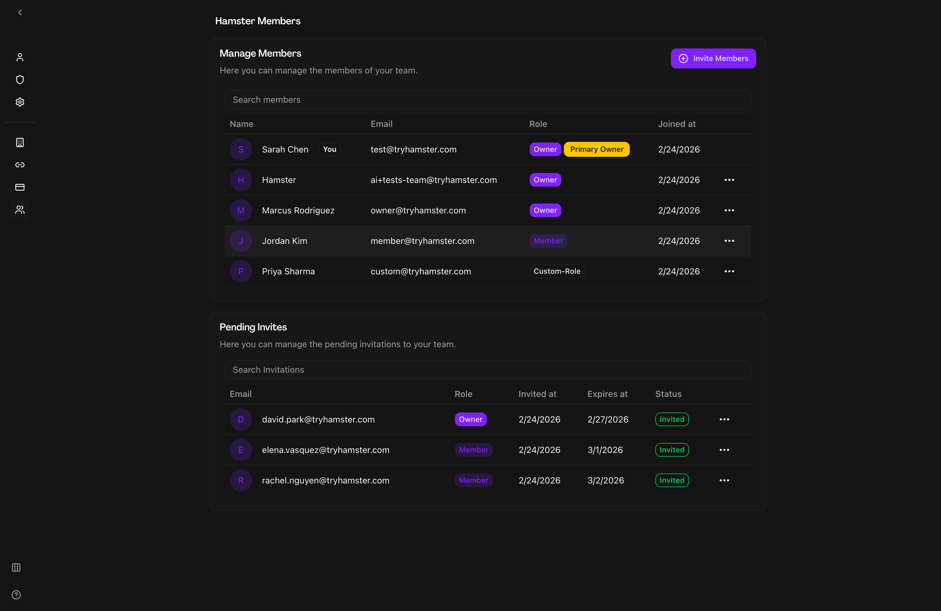 Team members list showing workspace members and their roles
