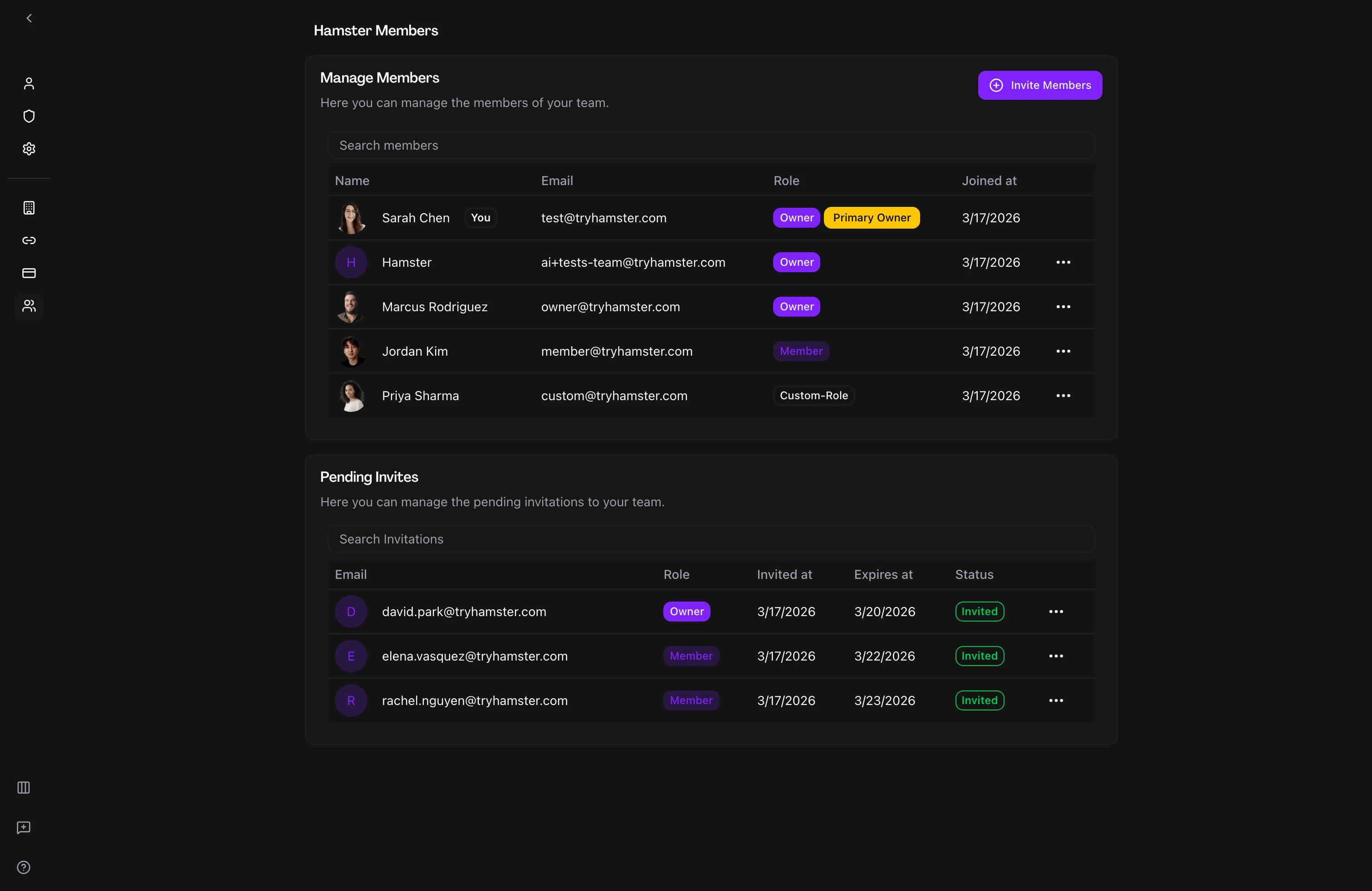 Team members list showing workspace members and their roles