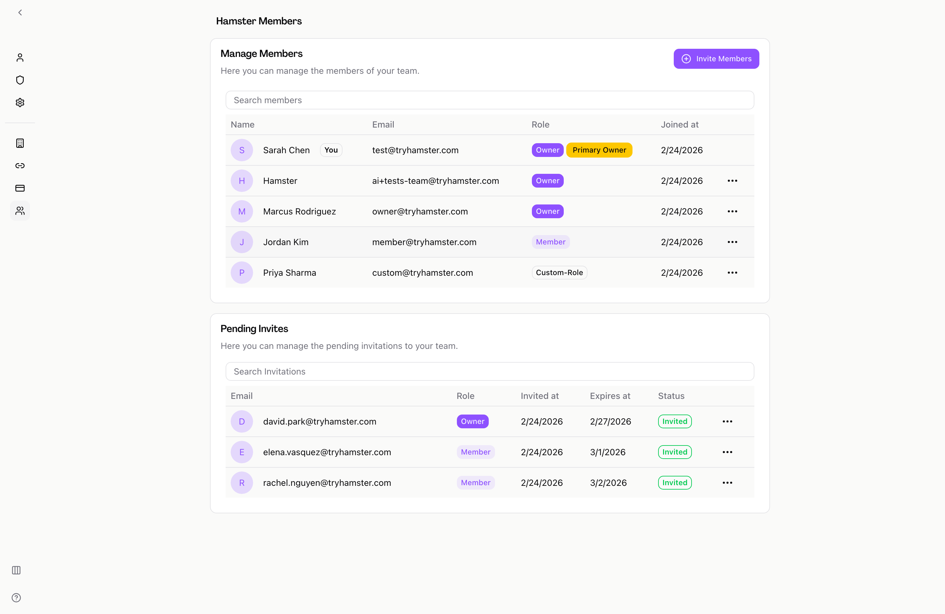 Team members list showing workspace members and their roles