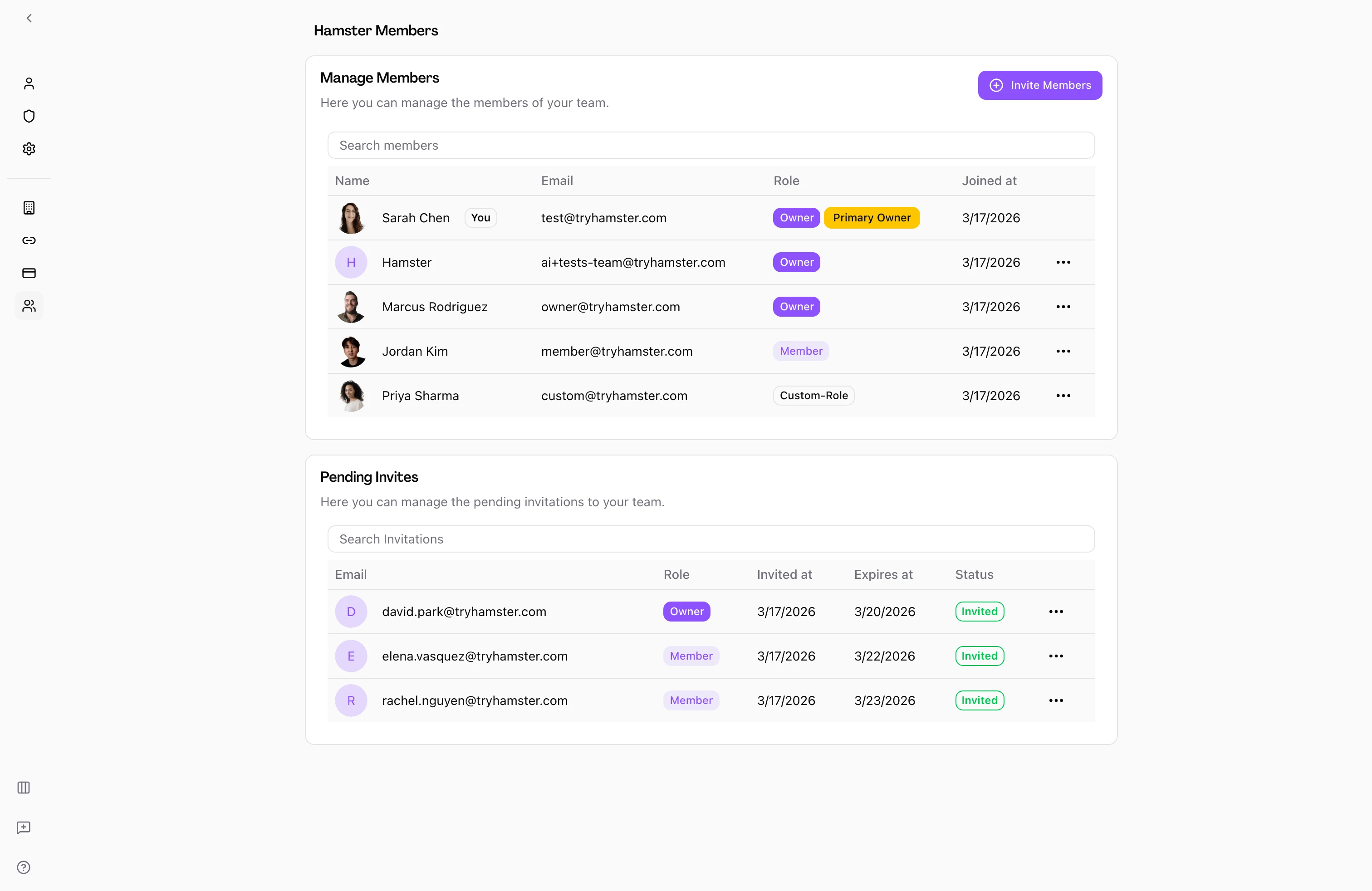 Team members list showing workspace members and their roles