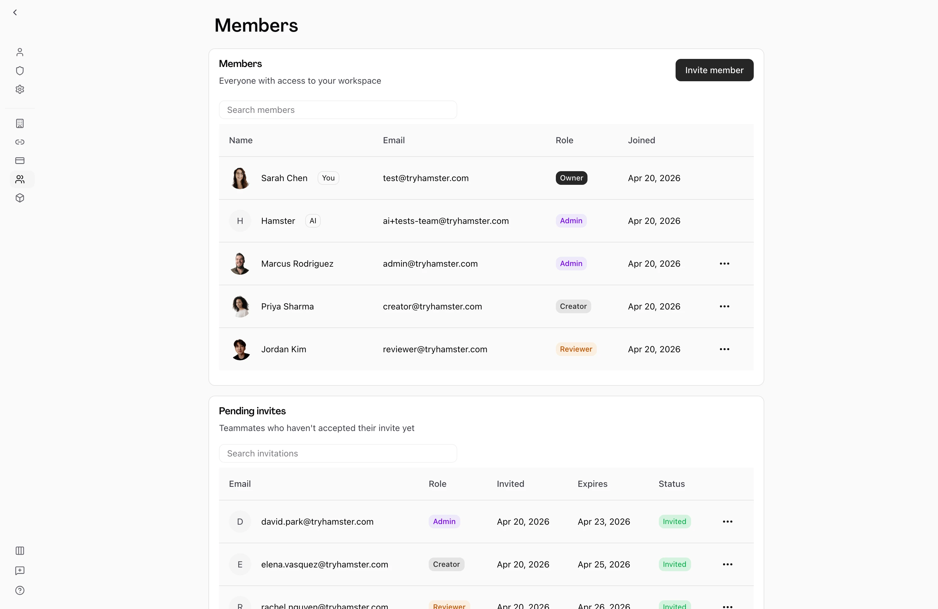 User on the workspace Members settings page, the Members table listing teammates with Name, Email, Role, and Joined columns and role badges spanning Owner, Admin, Creator, and Reviewer, with a Pending invites table below showing invited teammates alongside their roles and an Invited status.