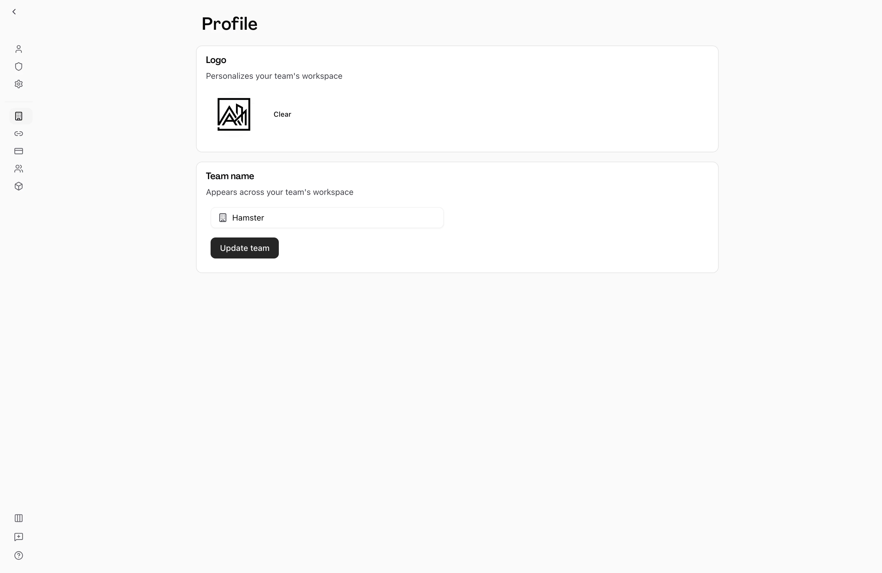 User on the Team Profile settings page, displaying a Logo card with the current team logo and a Clear option, beside a Team name card with an editable name field and an Update team button.
