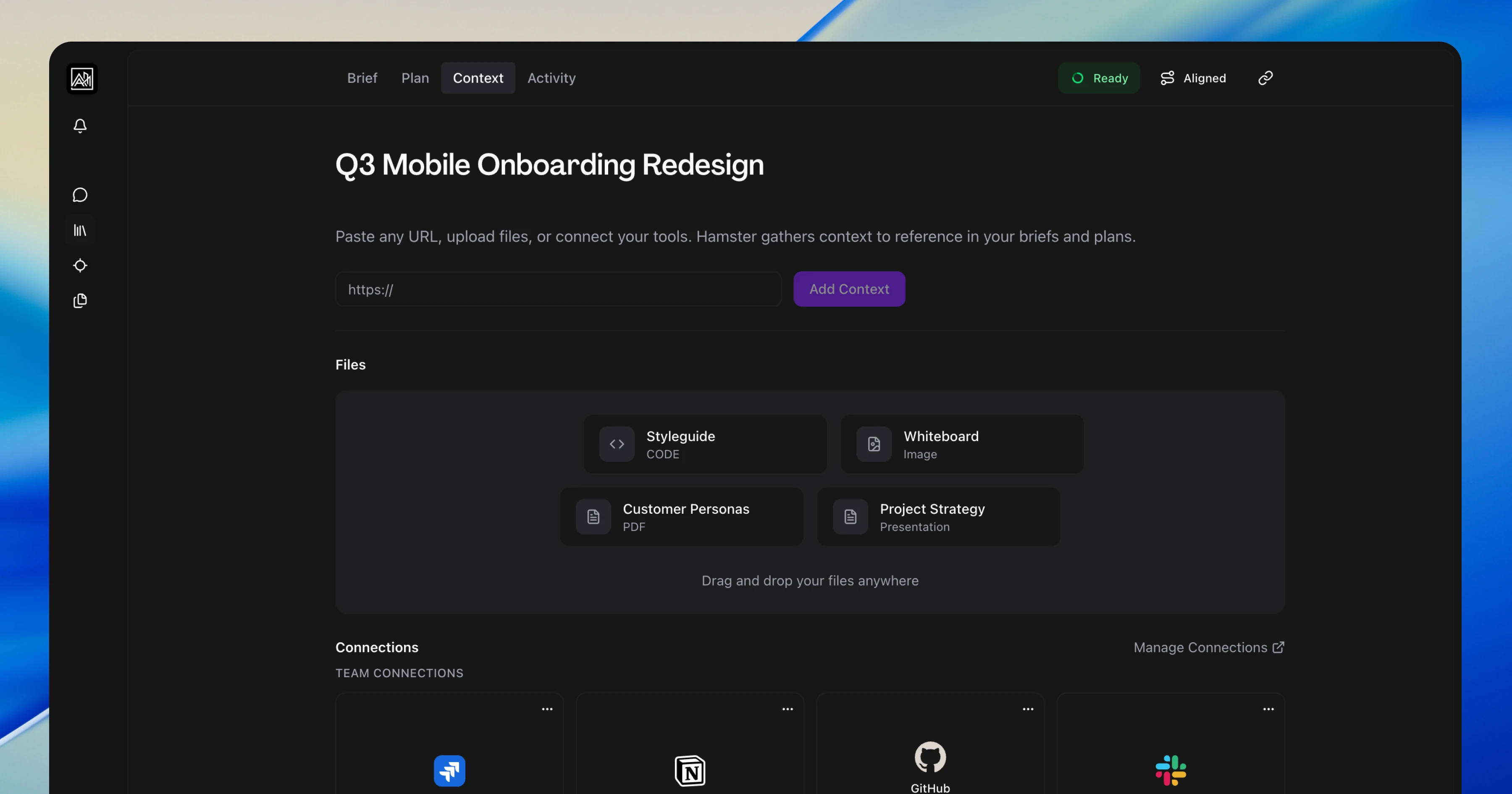 The redesigned Context tab showing files and URLs in a unified list