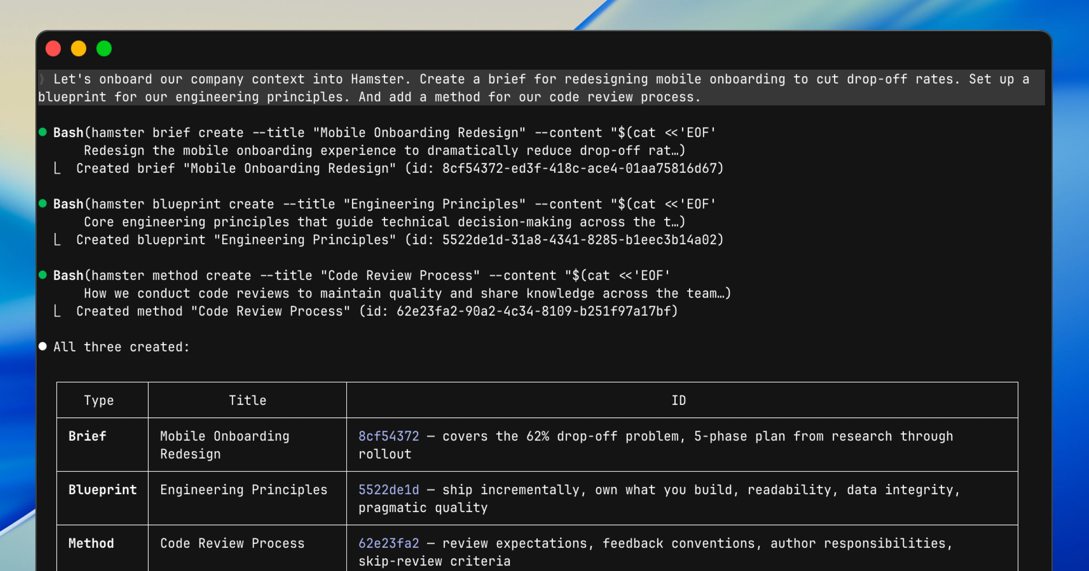 CLI create commands for briefs, blueprints, and methods