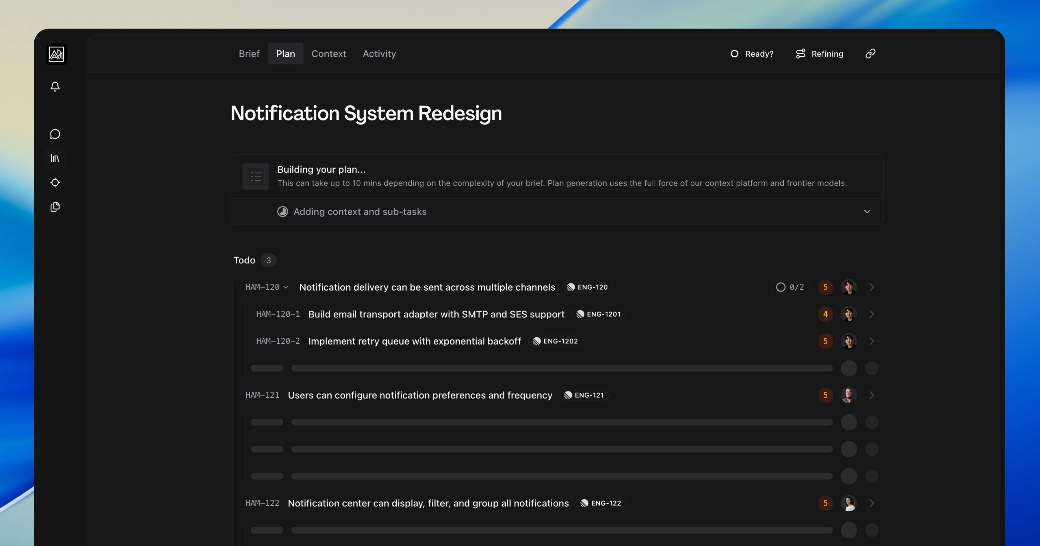 The Plan tab mid-generation showing progress phases and streaming tasks