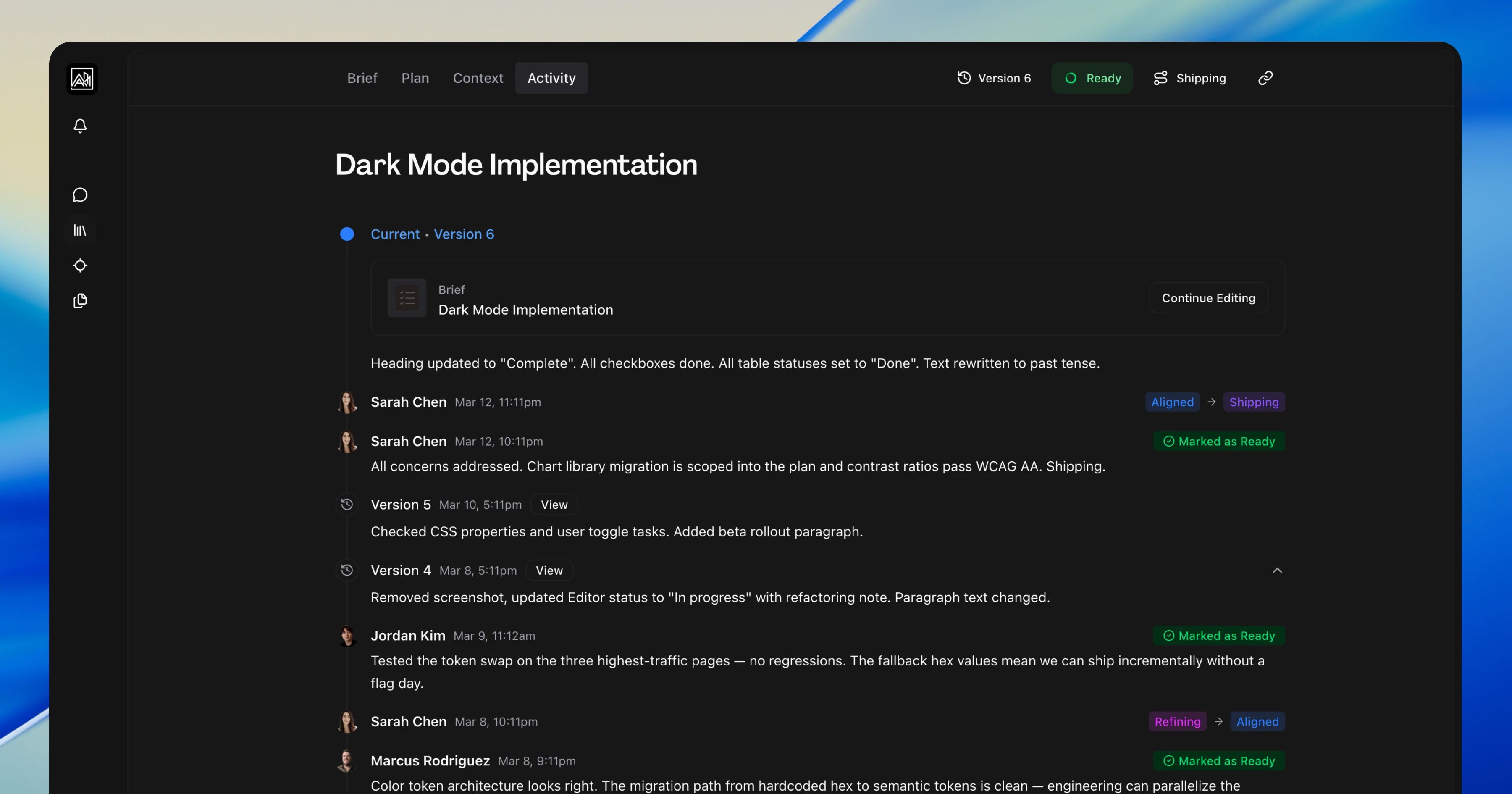 The redesigned Activity tab showing a version-grouped timeline