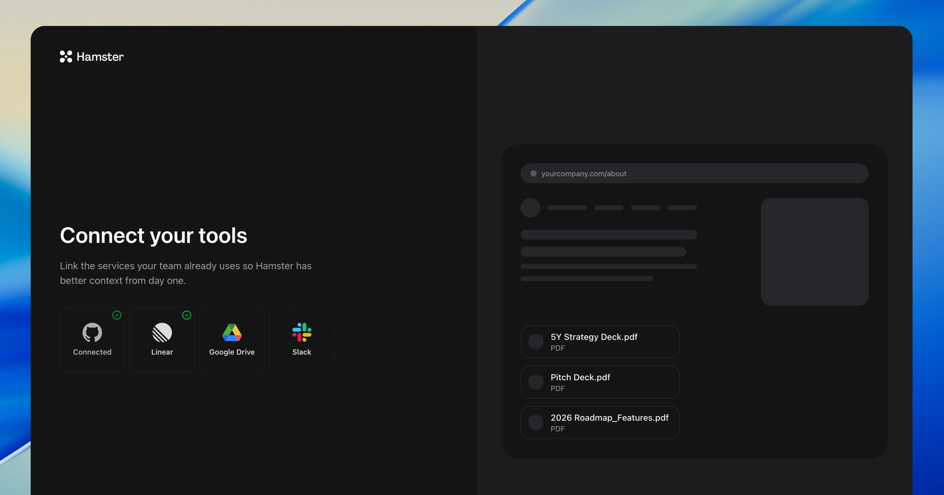The Connect your tools onboarding step with GitHub and Linear connected, alongside a brief context view showing linked documents