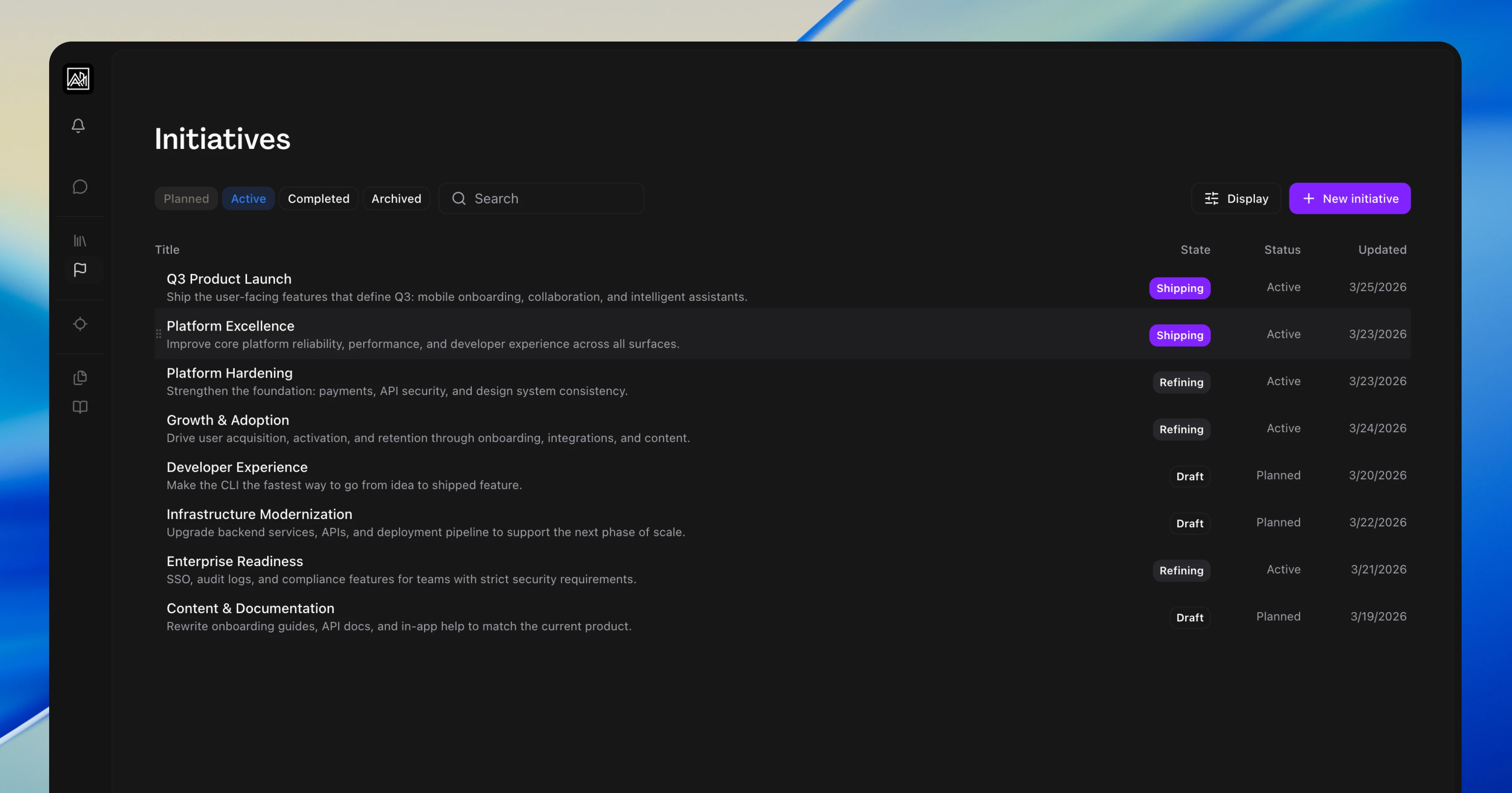 The Initiatives list showing Q3 Product Launch, Platform Hardening, and Developer Experience with state badges and status columns