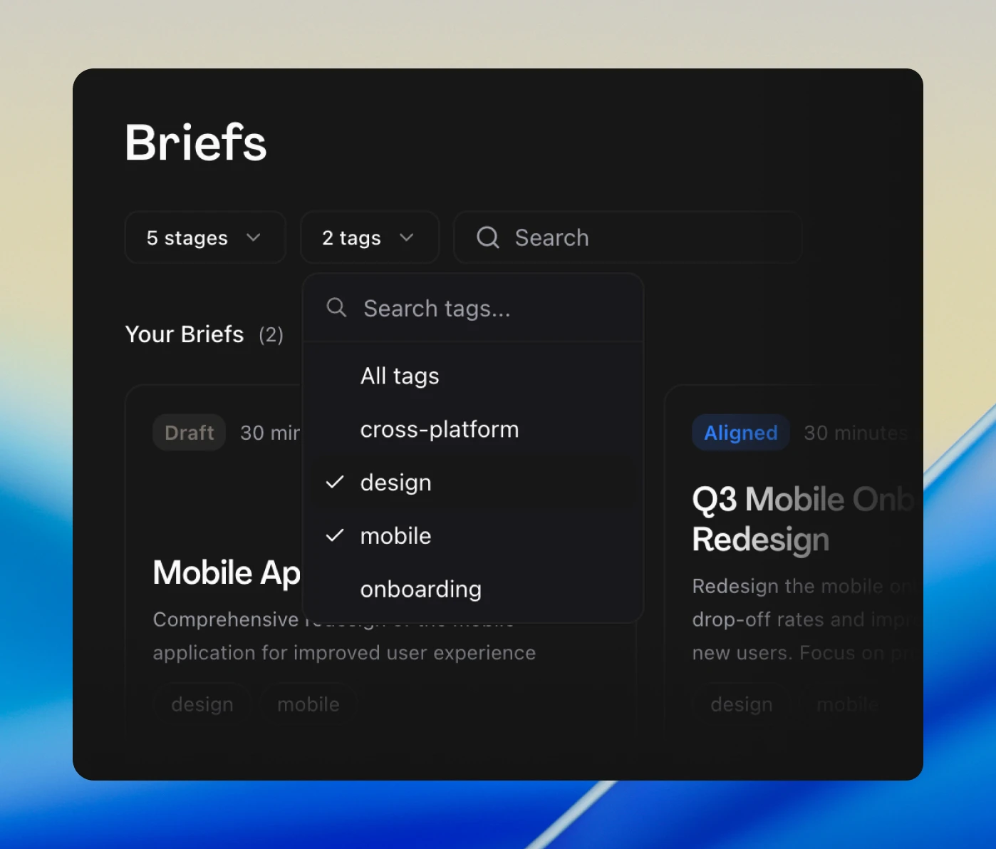 The briefs list filtered by two tags with the tag dropdown open showing design and mobile selected