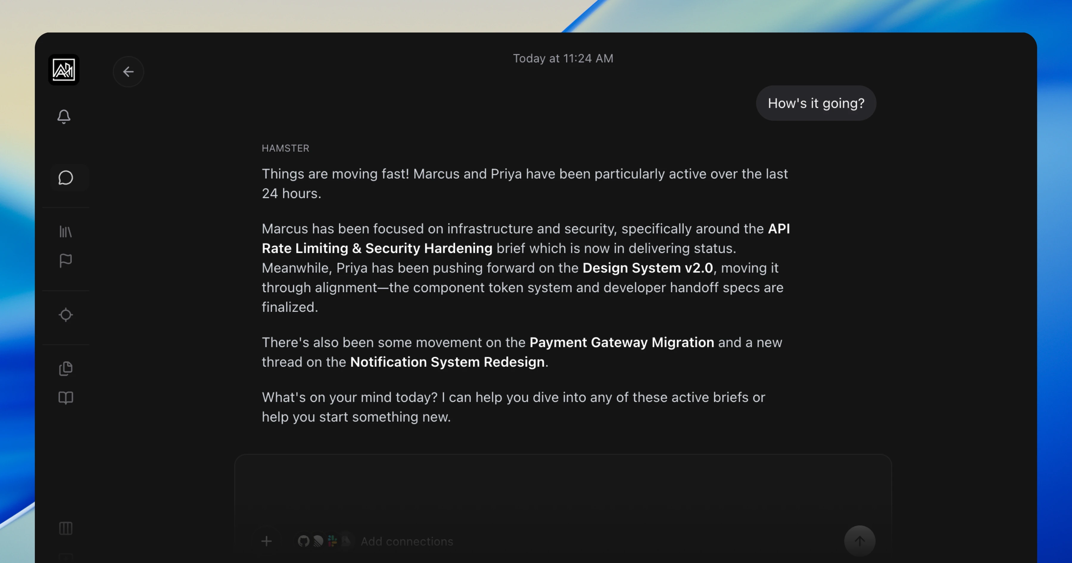 Hamster chat responding to How's it going by summarizing recent team activity across multiple briefs, referencing Marcus and Priya's work on active projects
