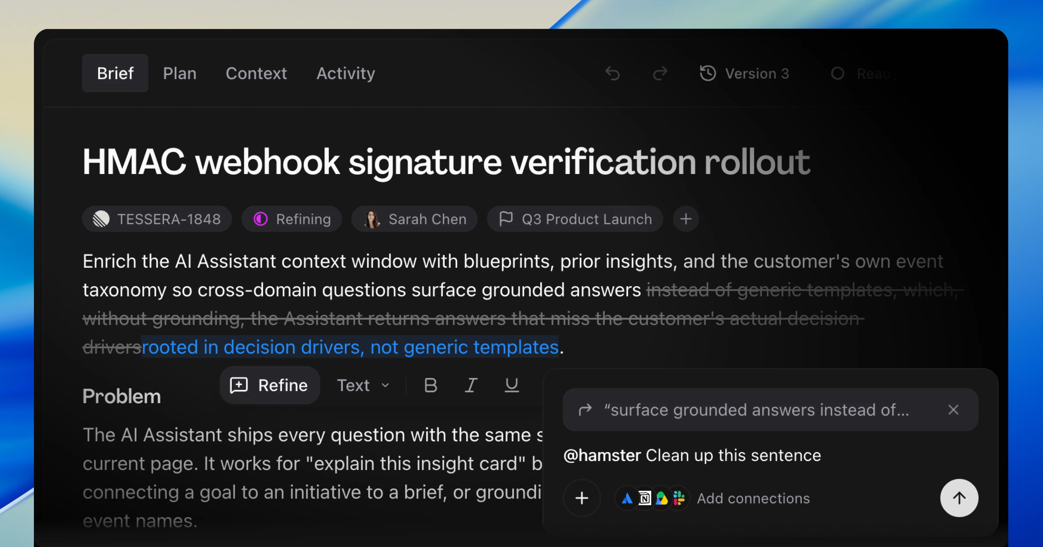 A brief in the document editor with a sentence highlighted and a Refine action floating above it, the highlighted text pinned as a quoted chip over the chat composer